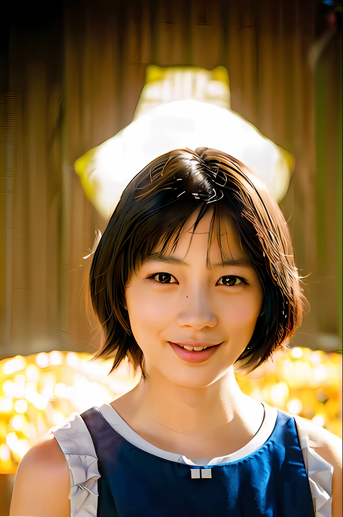 masterpiece, top quality, official art, very elaborate CG Unity 8K wallpaper, student girl, cute, very delicate and beautiful, super high definition, (photorealistic: 1.4) Golden hour lighting, (platinum shorthair: 0.8), (puffy eyes), looking at the beholder, facing forward, smiling, full body