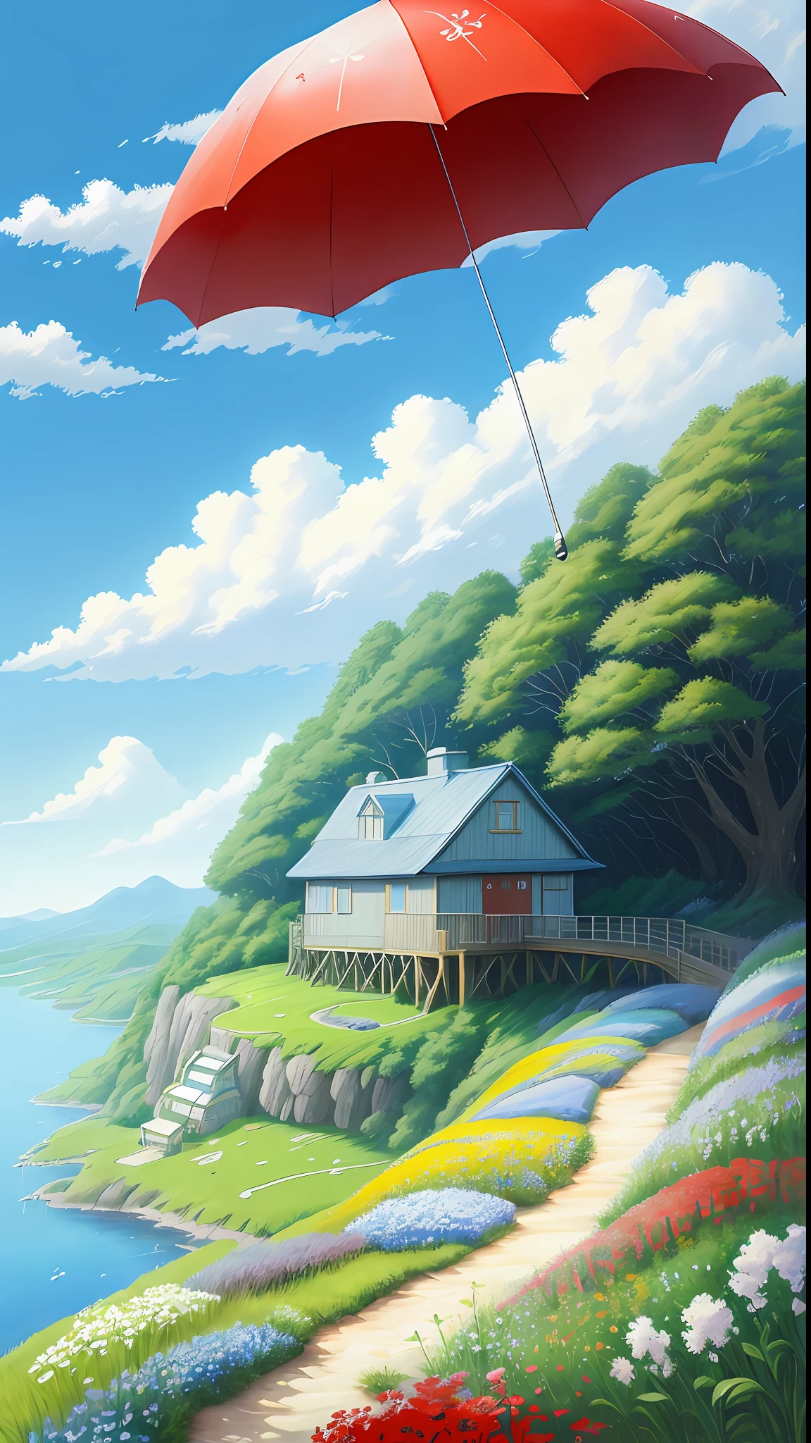 Realistic, real, beautiful, amazing landscape oil painting Studio Ghibli Hayao Miyazaki petal meadow with blue sky and white clouds, red umbrella flying --v6