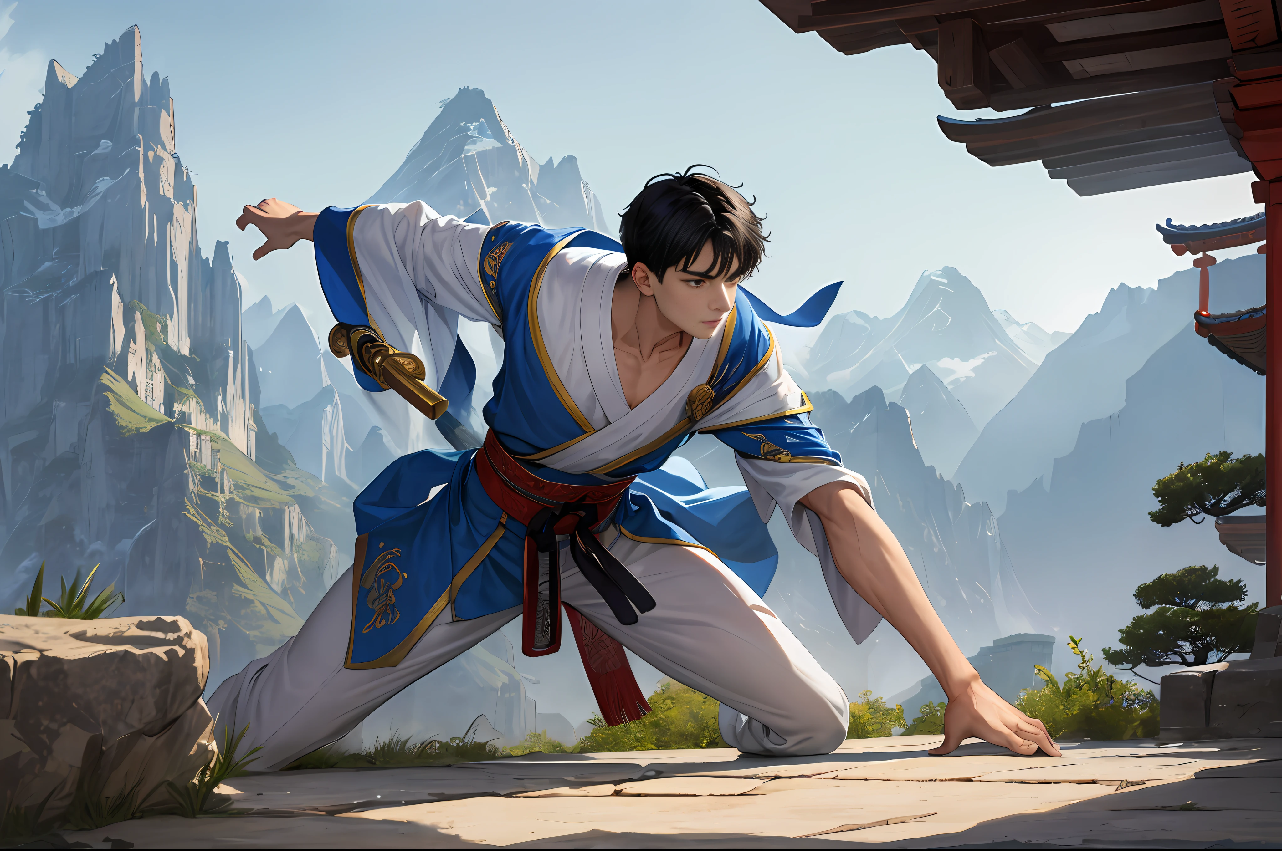 A man, masterpiece, superlative, -yeld boclear face, ultra-high resolution, thin and strong physique, no large muscles, wearing cyan martial arts robe, mountain top, mythology, fantasy, chinoiserie, ancient China, short hair, black hair, ultra-short hair, shut up, serious, fighting, dynamic pictures.