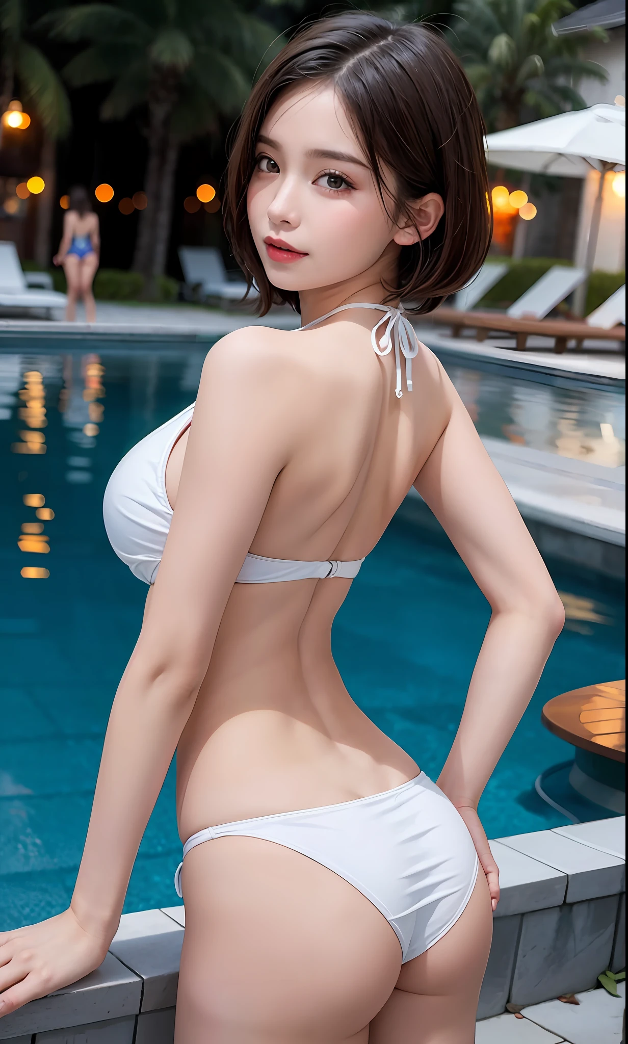 majicMIX realistic, (raw photo: 1.2), (photorealistic: 1.4), beautiful detailed eyes, short hair, huge file size, super detail, high resolution, highly detailed, highest quality, masterpiece, illustration, highly detailed, cg, unity, 8k wallpaper, detail, masterpiece, top quality, bikini, fancy swimsuit, light on face, movie lighting,  girl, sexy girl, sexy pose , Pool, Rear View