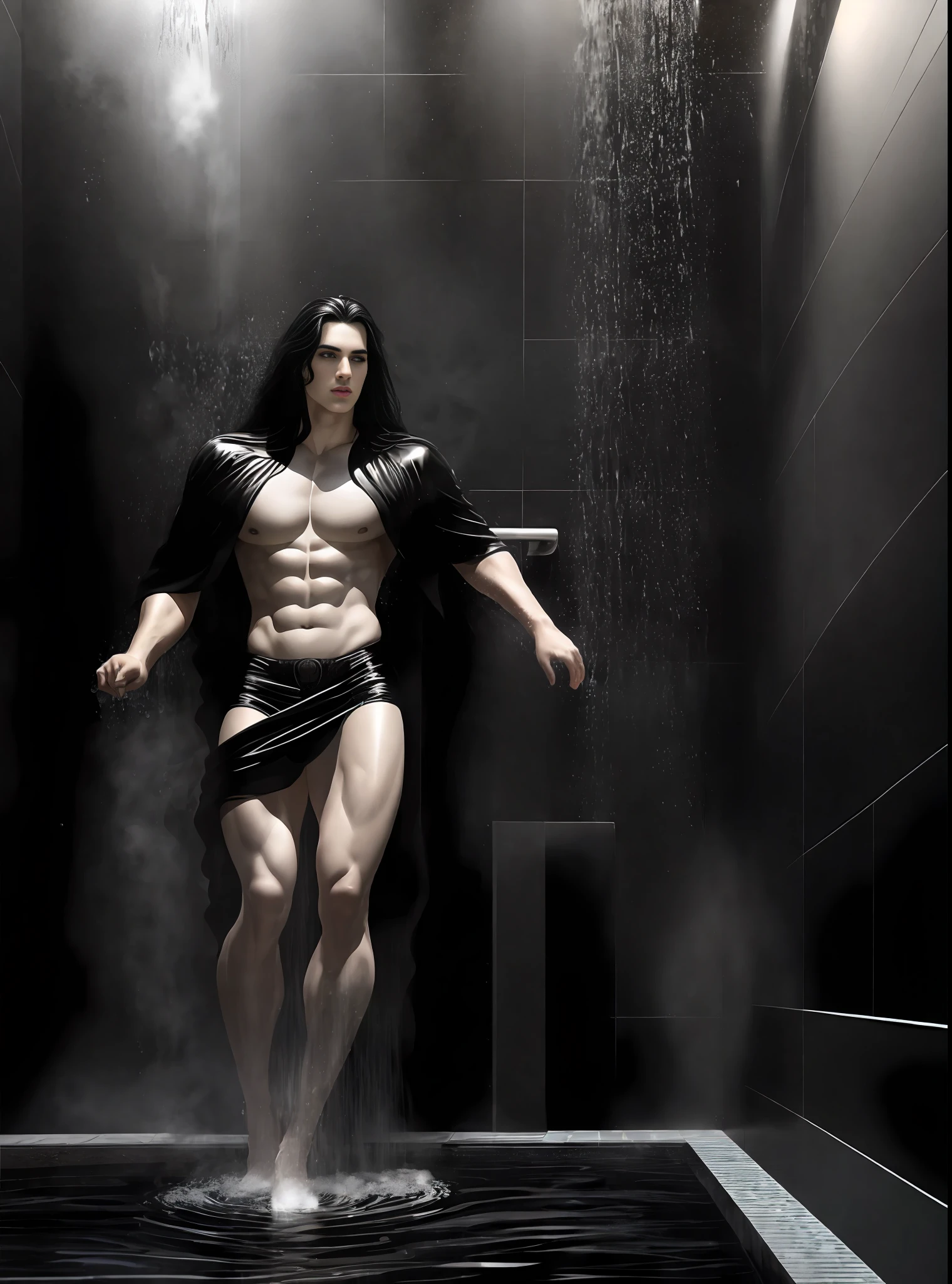 (obra-prima incomparável, iluminação lateral, belos olhos finamente detalhados: 1.2), ((Masterpiece, Eyes finely detailed rendering)), A seductive and virile figure of Greek god Hades, with a beautiful face, seductive eyes, and perfect Proportional body, Perfect strong legs, strong thighs, big bulge, long black hair, standing tall in a luxurious Black bathroom pool surrounded by Black obsidian walls, hot water steam, whole wet, Foot-deep water, ALL detailed rendering.