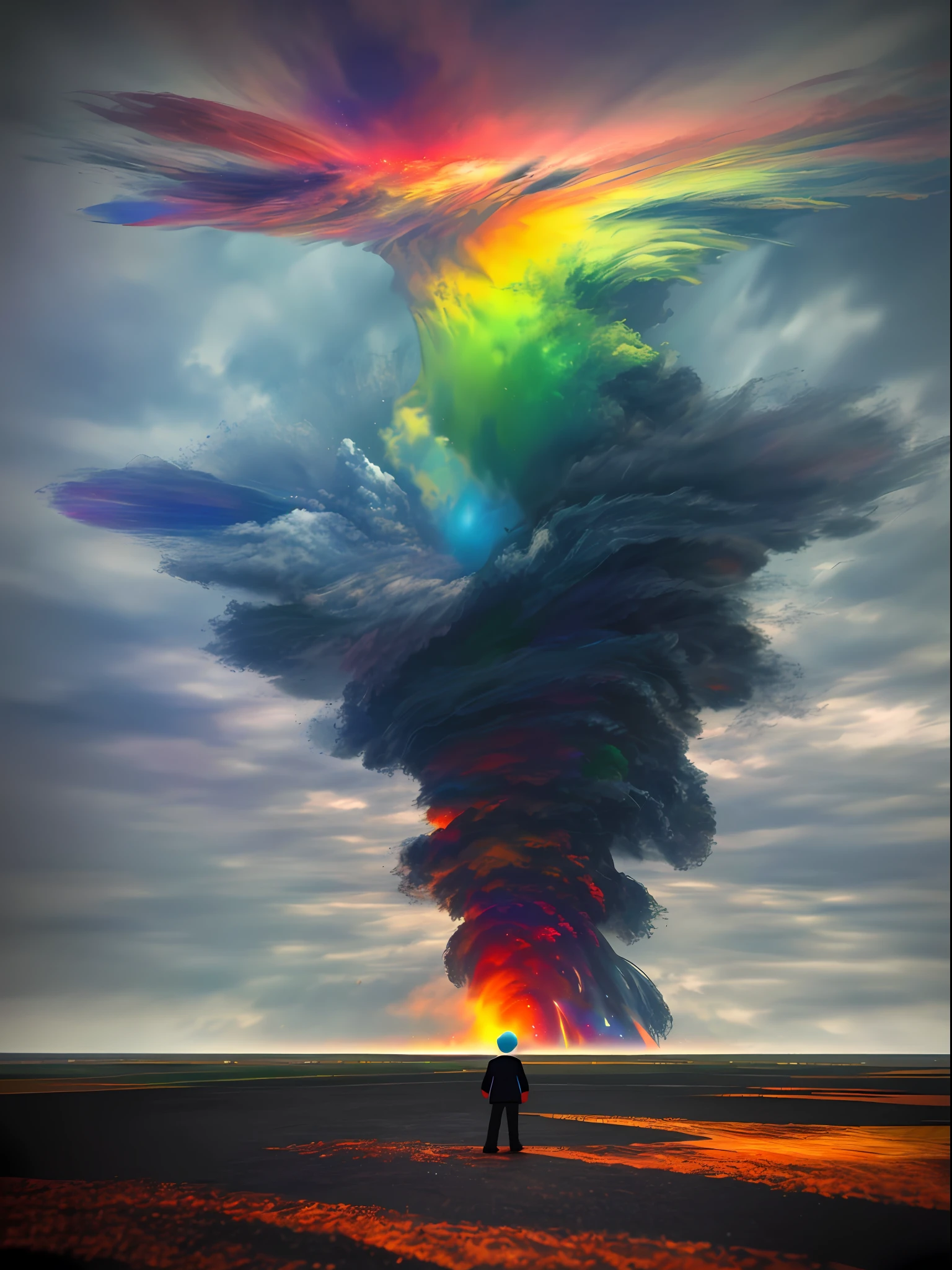 A tiny figure stands in front of a huge tornado, many color blocks are rolled into the tornado, pages of various colors are scattered all over the ground, 3D rendering, three-dimensional hurricane, artwork, extremely allegorical painting, high quality, 8k