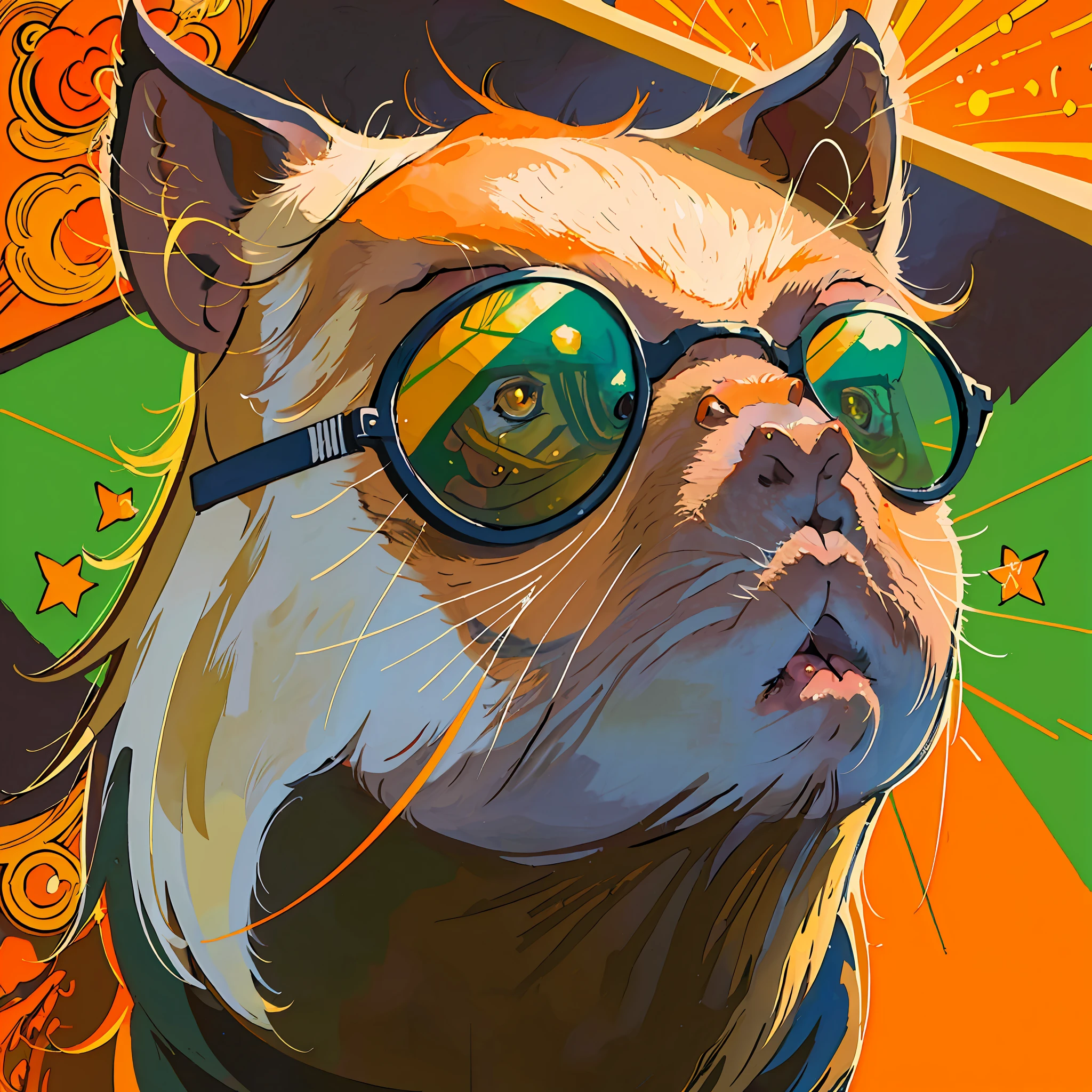 Portrait of one ((((Capybara)))), black outlines, print with fire outline, smiling cartoon and orange sunglasses, vivid colors, intricate details