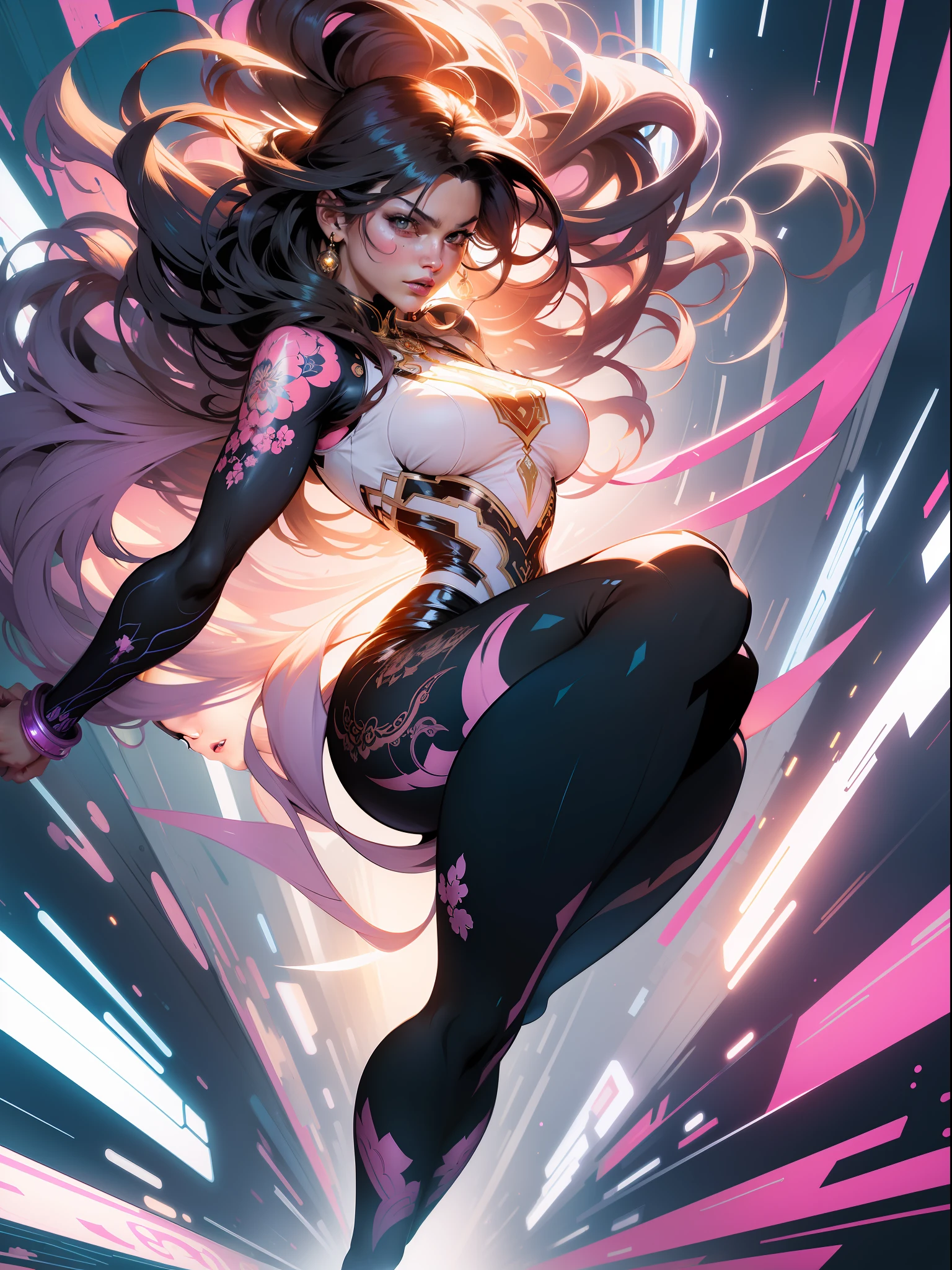 ::Kennedy and Daniel Sampere::2.0 Anime Gacha illustration style, tatoon style, comic book style, , beautiful woman with ultra detailed long hair and in various full-body attack poses, (beautiful and clear background: 1.2),futuristic costume, super detailed circular metals Clinging to arms and pants, fantastic paintings, graffiti style, flowers, highly detailed eyes, a t-shirt or dress with a pink blouse underneath,  With both fists in fighting position, and bracelets, fighting an enemy, with long black hair, stained glass color, outside, vibrant, Alphonse Mucha style, fantastic paintings by Joe Madureira, high quality, art, beautiful woman with long white hair, freedom, soul, digital illustration, comic style, perfect anatomy, centered, approaching perfection, dynamic, highly detailed, HDR colors