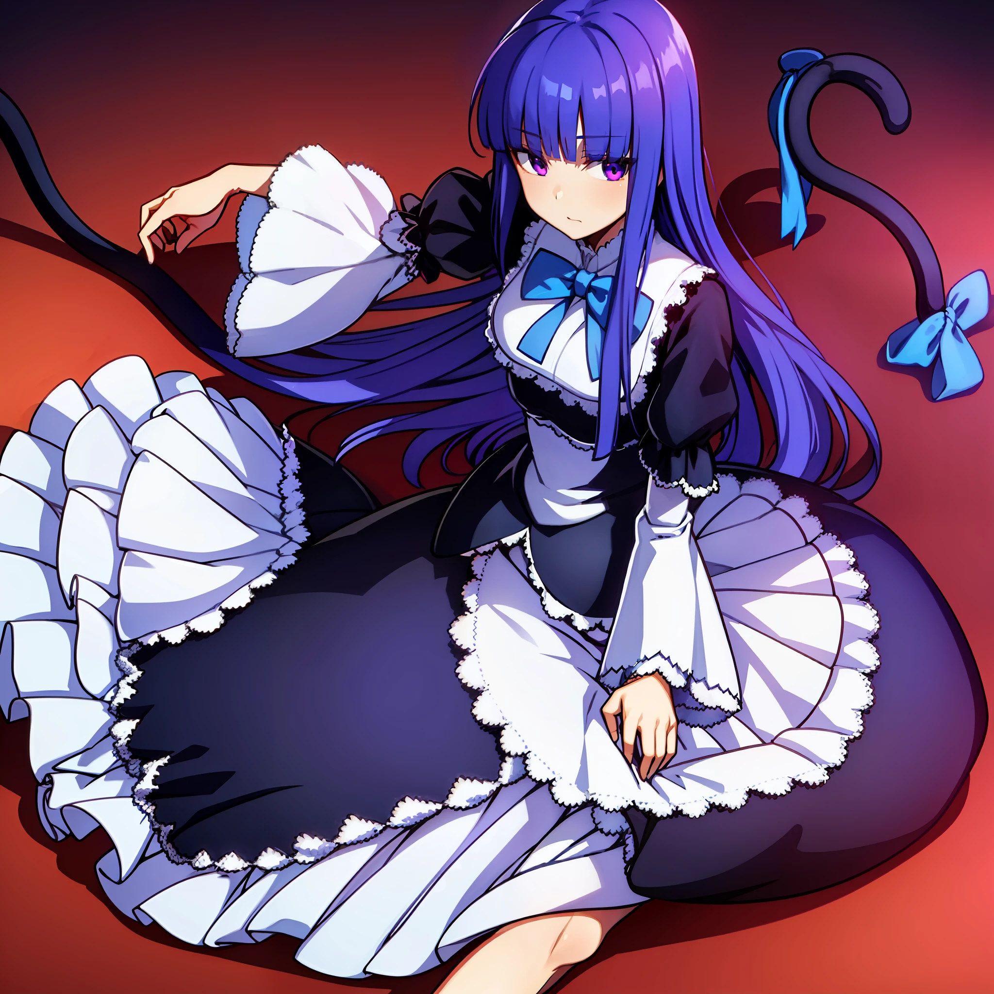 1girl, frederica bernkastel, bangs, blue bow, blue hair, blunt bangs, bow, breast hold, cat tail, dress, long hair, long sleeves, purple eyes, large crystals in background, solo, tail bow, tail ornament, tail raised, tail ribbon, expressionless, empty eyes, tired