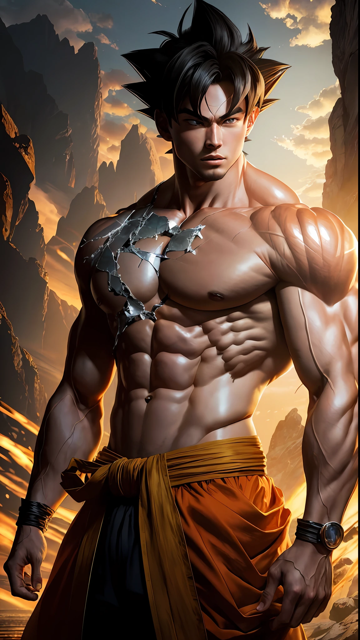 8k portrait of son goku muscular, intricate, elegant, highly detailed, majestic, digital photography, art by artgerm and ruan jia and greg rutkowski, broken glass (masterpiece, side lighting, beautiful finely detailed eyes: 1.2), hdr,