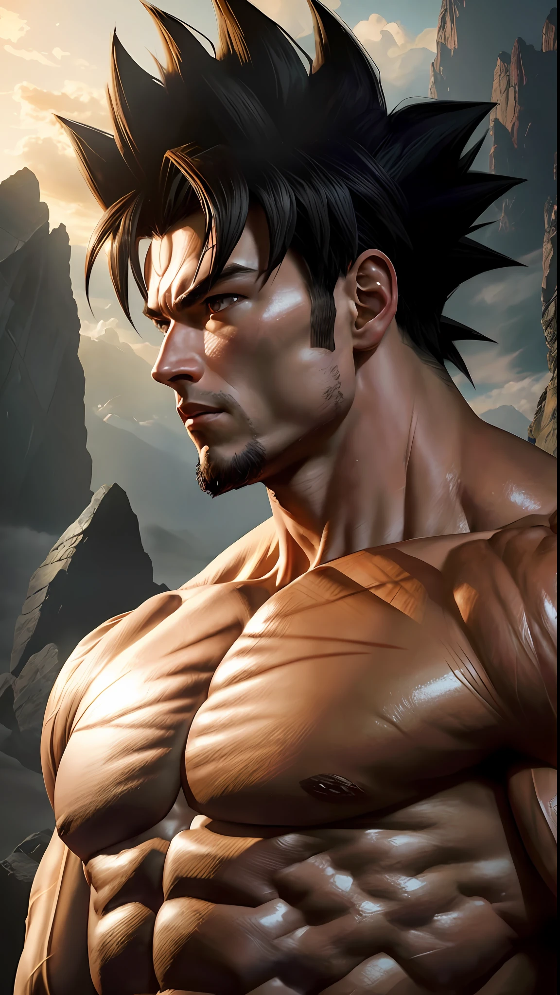 8k portrait of son goku muscular, intricate, elegant, highly detailed, majestic, digital photography, art by artgerm and ruan jia and greg rutkowski, broken glass (masterpiece, side lighting, beautiful finely detailed eyes: 1.2), hdr,