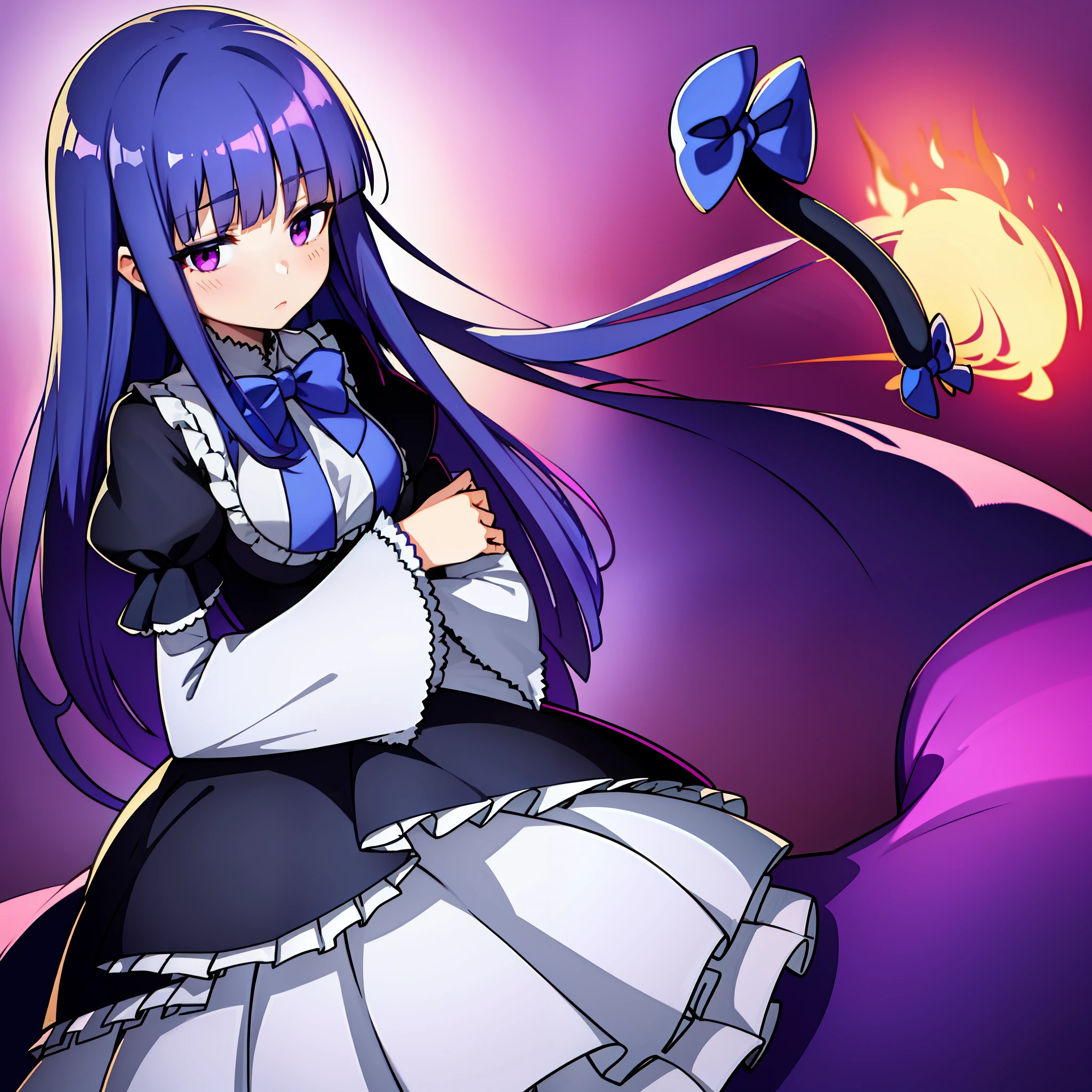 1girl, frederica bernkastel, bangs, blue bow, blue hair, blunt bangs, bow, breast hold, cat tail, dress, long hair, long sleeves, purple eyes, large crystals in background, solo, tail bow, tail ornament, tail raised, tail ribbon, expressionless, empty eyes, tired, anime style