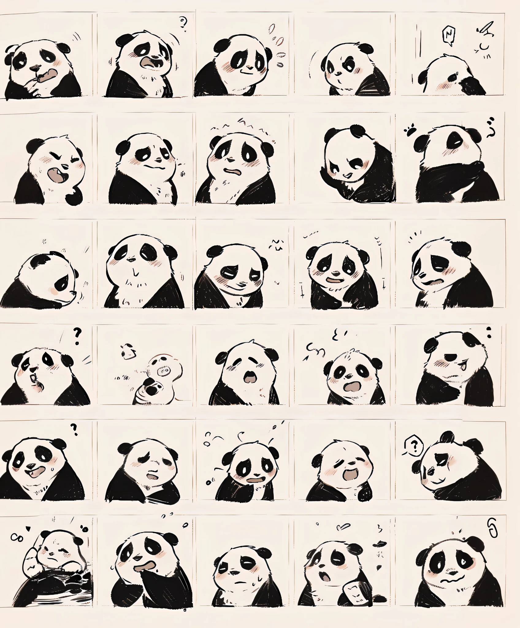 a close up of a bunch of pandas with different expressions, panda panda panda, facial expressions, full of expressions, cute expression, cute panda, panda, detailed facial expressions, expressions, various emotions, micro expressions, neutral expressions, facial expression, a cute giant panda, different expression, very expressive, happy expressions, hand drawn cartoon, comic art ”, detailed facial expression