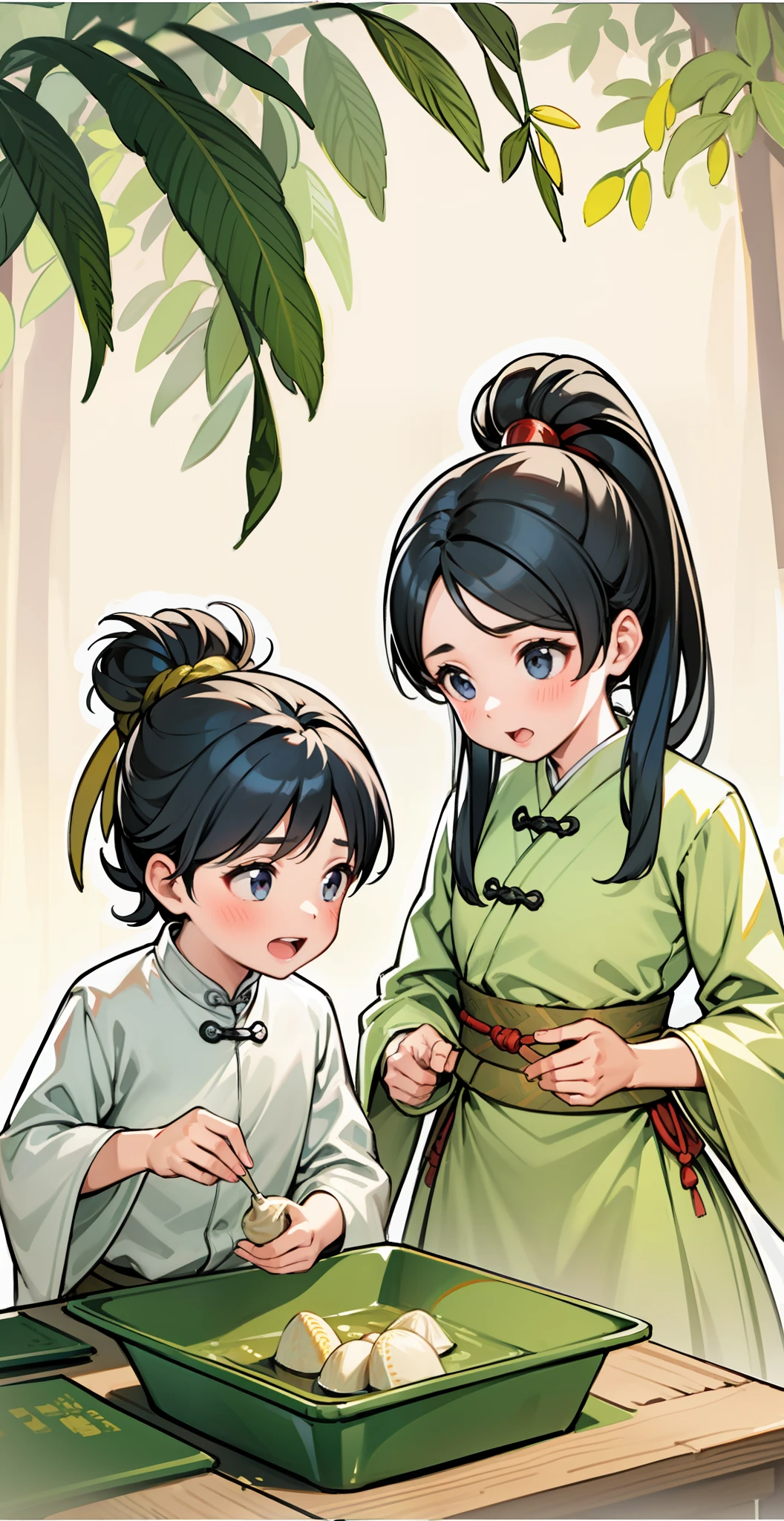 A and a little boy,se clothes, poster, wrapping zongzi in front of the table, zongzi
Portraiture, Dream Realism, Holotone Printing,