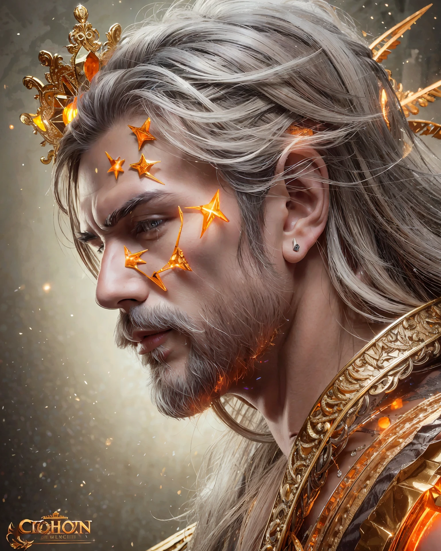 A close up photo of Apollo God of beauty with a crown around his head (glowing orange crown:1.2) (in head:1.2), insanely handsome, fantasy art, perfect image, profile picture 1024px, greek and templar aesthetics, adorned with precious gems, cg artist, ultra detailed portrait, struggling to remain relevant in age-old battles, mysterious (light hairy man:1.2), realistic motion action photo, (((hdr))), hyperdetailed, cinematic, cool lights, intricate details, muscle, perspective view, UHD, 64k, unreal. --auto --s2