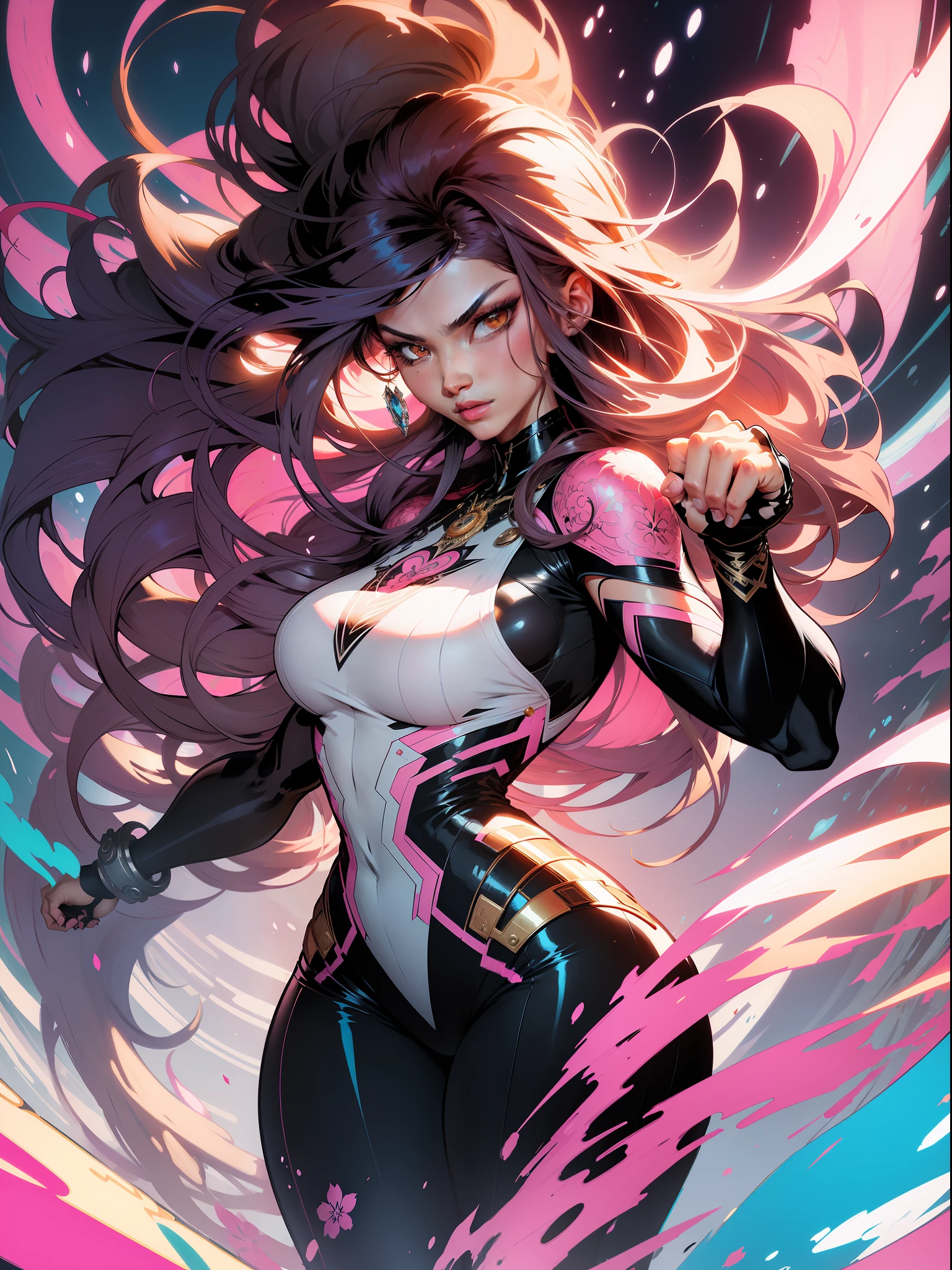 ::Kennedy and Daniel Sampere::2.0 Anime Gacha illustration style, tatoon style, comic book style, , beautiful woman with ultra detailed long hair and in various full-body attack poses, (beautiful and clear background: 1.2),futuristic costume, super detailed circular metals Clinging to arms and pants, fantastic paintings, graffiti style, flowers, highly detailed eyes, a t-shirt or dress with a pink blouse underneath, With both fists in fighting position, and bracelets, fighting an enemy, with long black hair, stained glass colored, outside, vibrant, Alphonse Mucha style, fantastic paintings by Joe Madureira, high quality, art, beautiful woman with long hair degrade, freedom, soul, digital illustration, comic style, perfect anatomy, centered, approaching perfection, dynamic, highly detailed, HDR colors