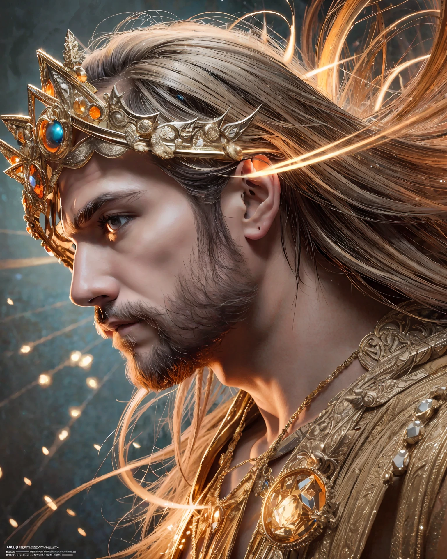 A close up photo of Apollo God of beauty with a crown around his head (glowing orange crown:1.2) (in head:1.2), insanely handsome, fantasy art, perfect image, profile picture 1024px, greek and templar aesthetics, adorned with precious gems, cg artist, ultra detailed portrait, struggling to remain relevant in age-old battles, mysterious (light hairy man:1.2), realistic motion action photo, (((hdr))), hyperdetailed, cinematic, cool lights, intricate details, muscle, perspective view, UHD, 64k, unreal. --auto --s2