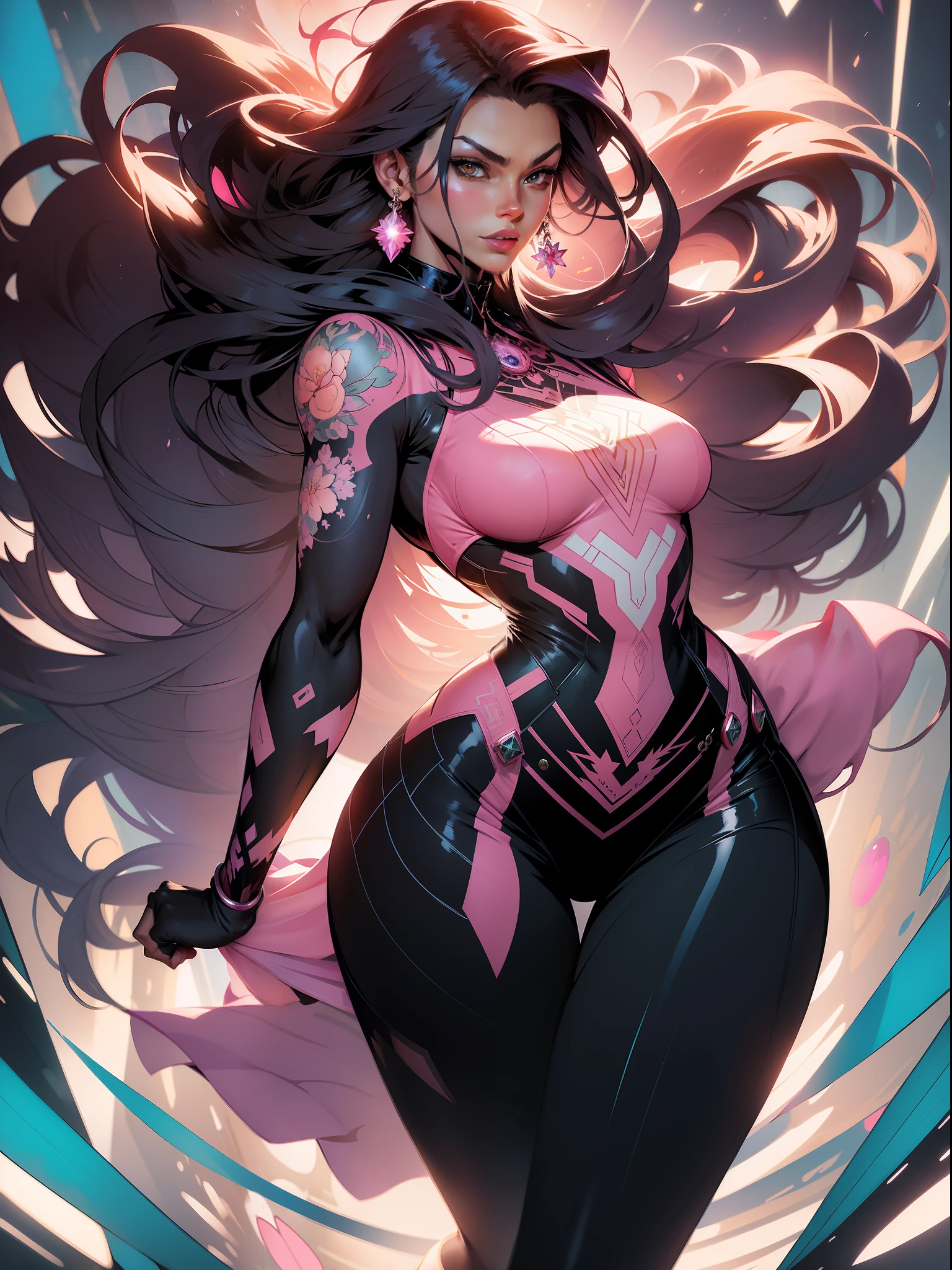 ::Kennedy and Daniel Sampere::2.0 Anime Gacha illustration style, tatoon style, comic book style, , beautiful woman with ultra detailed long hair and in various full-body attack poses, (beautiful and clear background: 1.2),futuristic costume, super detailed circular metals Clinging to arms and pants, fantastic paintings, graffiti style, flowers, highly detailed eyes, a t-shirt or dress with a pink blouse underneath, With both fists in fighting position, and bracelets, fighting an enemy, with long black hair, stained glass colored, outside, vibrant, Alphonse Mucha style, fantastic paintings by Joe Madureira, high quality, art, beautiful woman with long hair degrade, freedom, soul, digital illustration, comic style, perfect anatomy, centered, approaching perfection, dynamic, highly detailed, HDR colors