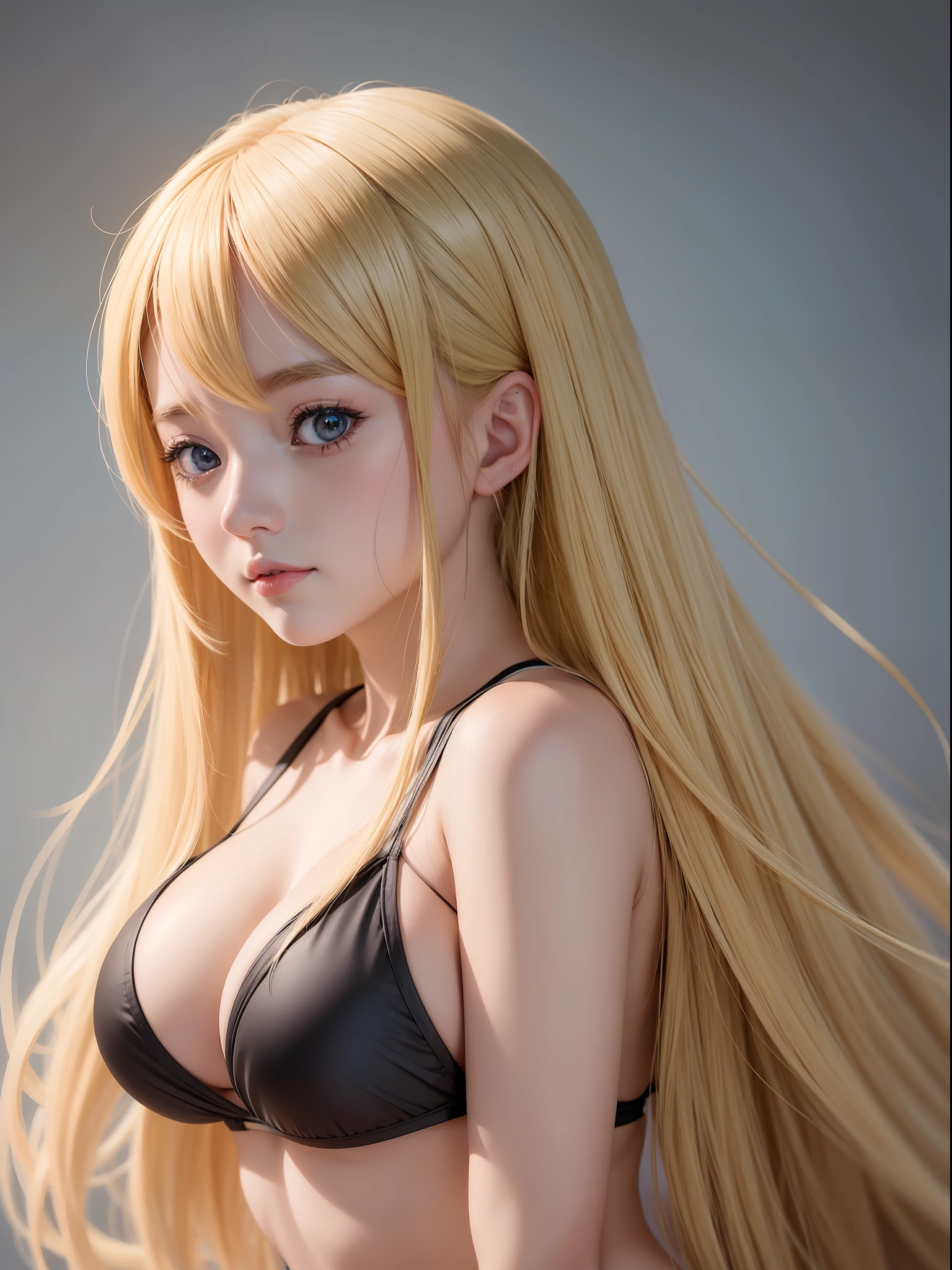 anime girl with long blonde hair, a bikini, anime moe artstyle, cute anime girl, cute anime girl portrait, pretty anime girl, portrait of cute anime girl, kawaii realistic portrait, anime visual of a cute girl, cute anime girl portraits, portrait anime girl, anime style portrait, marin kitagawa fanart, (anime girl), beautiful anime girl, full body, smile, (huge boobs:1.2), navel, thin waist, big hip, Thighs