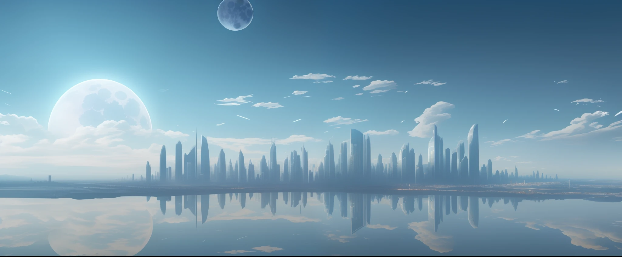 futuristic city skyline, moon in the sky, lake in foreground, futuristic cityscape photo, futuristic city vista, futuristic beautiful city, futuristic cityscape, futuristic cityscape, futuristic cityscape in background, futuristic city, futuristic city background, futuristic utopian city, remove the reflection in Hubozhong --auto --s2