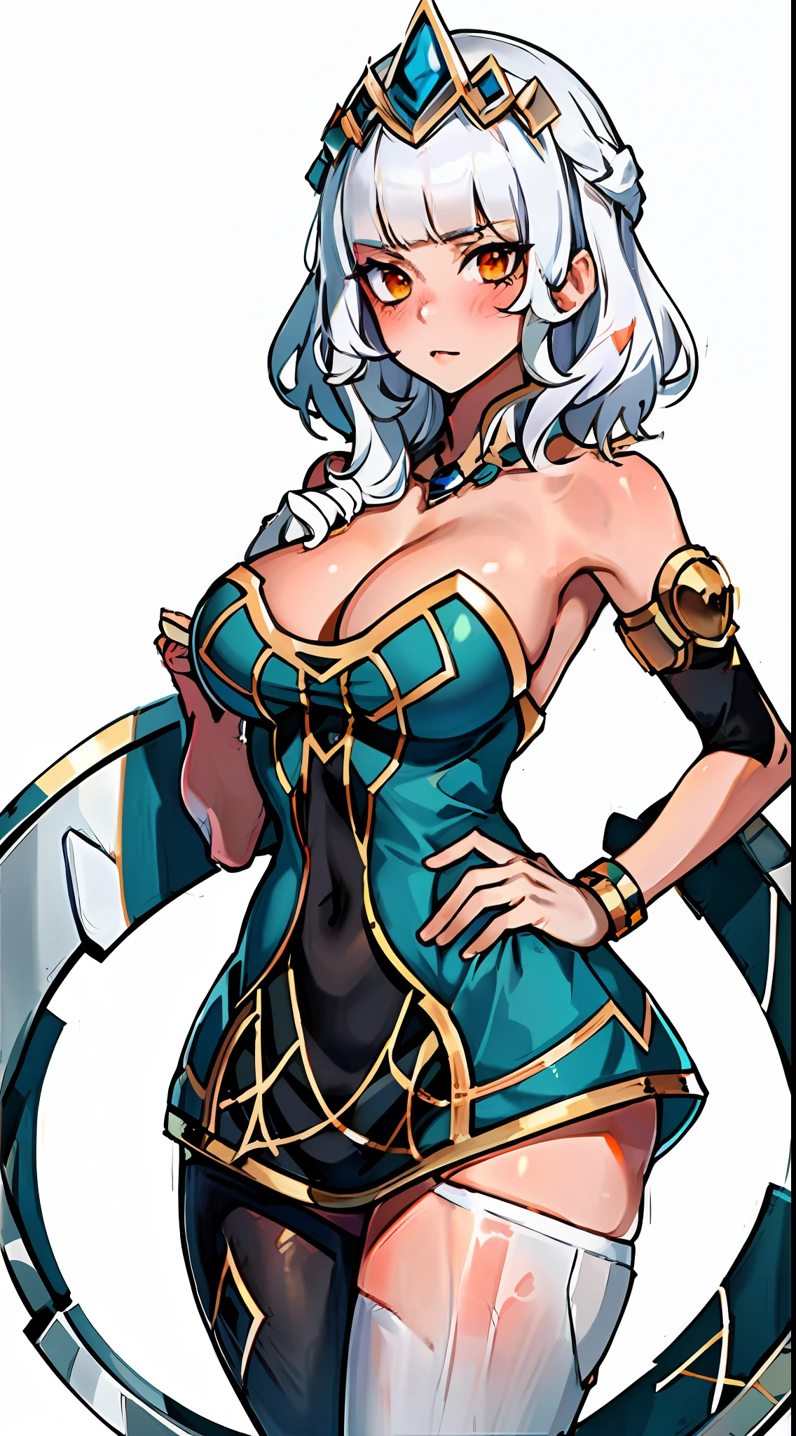 (masterpiece:1.2), absurdres, 1girl, oversized breast, blushing, orange eyes, white hair, front view, (white background:1.2)