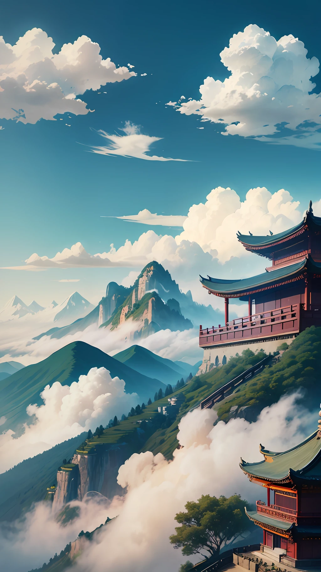 Mountains, Chinese architecture, clouds --auto --s2