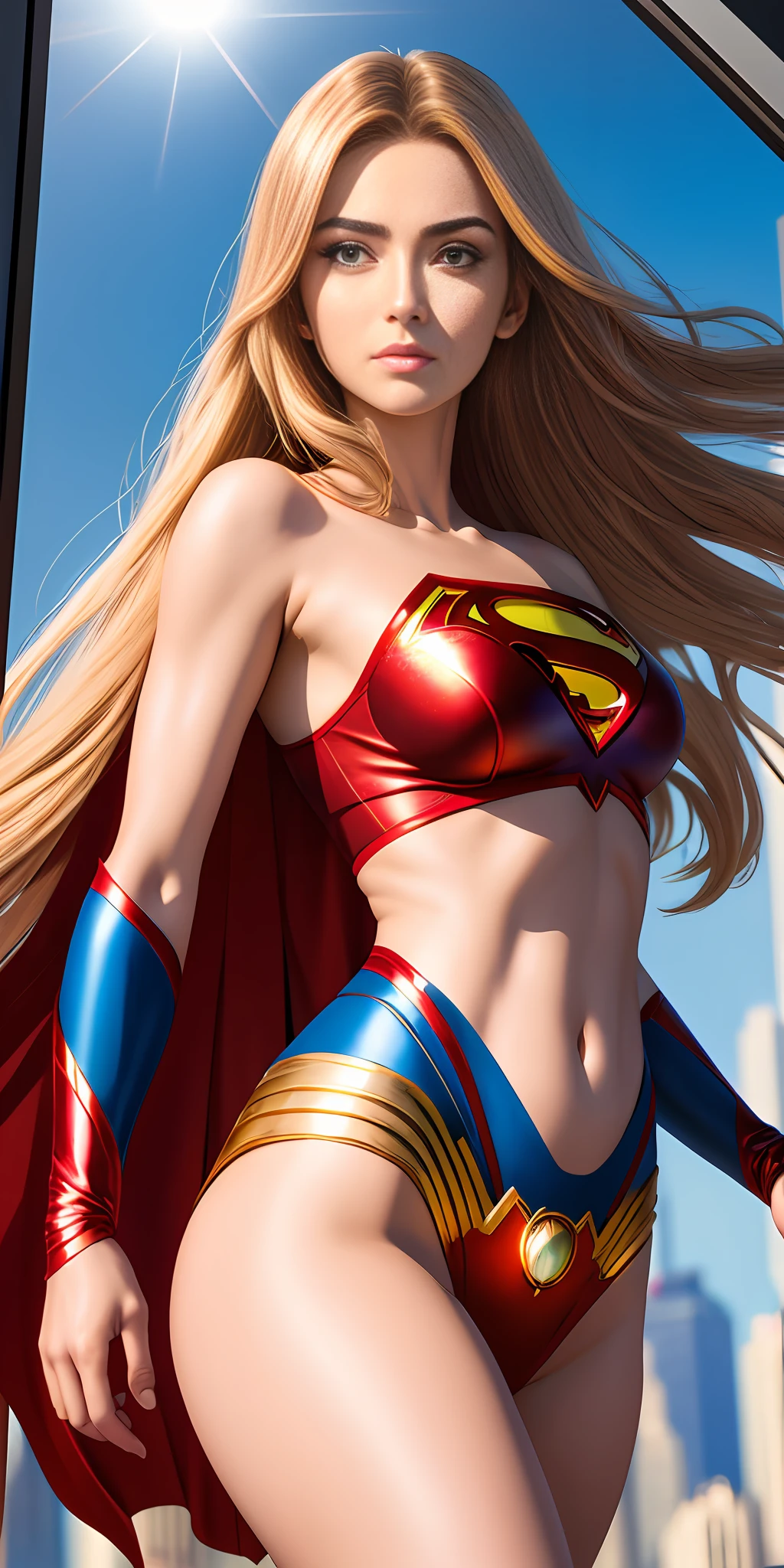 Anime style, (Superman girl), insanely beautiful Alina Gorohowa portrait photo, 21 years old, full body, angle from below, body curve, navel, mini skirt, smooth creamy skin, beautiful chestnut eyes, beautiful face details, ((Manhattan background))), low angle medium shot, greedy and attractive, Gorgeous and vivid emotions with a surprisingly euphoric feeling, peach fluff, symmetrical circular iris, natural glitter makeup, detailed moisture, detailed droplets, detailed complex hair, DSLR, reflected in ray trace, Pino Deni, Bud Melman by Larry, symmetrical face and body, CGsociety, Gottfried Helnwein and Irakli Nadal, eye reflection, focus, Unreal Engine 5, VFX, Film Photography, Extreme Detail, Ultra HD, Post-Processing, Post-Production, Single Face, Tambil Tamim, Ultra-Realistic Photography, Shot with Hasselblad X1D-50c, ISO 100