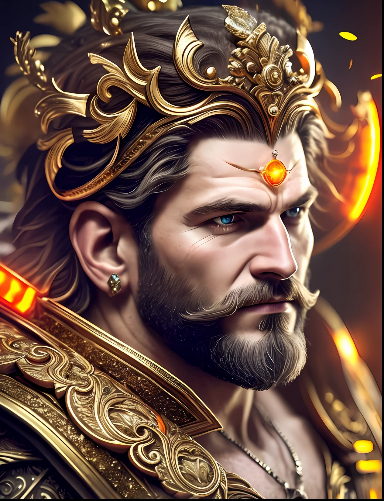 A close up photo of Apollo God of beauty with a crown around his head (glowing orange crown:1.2) (in head:1.2), insanely handsome, fantasy art, perfect image, profile picture 1024px, greek and templar aesthetics, adorned with precious gems, cg artist, ultra detailed portrait, struggling to remain relevant in age-old battles, mysterious (light hairy man:1.2), realistic motion action photo, (((hdr))), hyperdetailed, cinematic, cool lights, intricate details, muscle, perspective view, UHD, 64k, unreal. --auto --s2