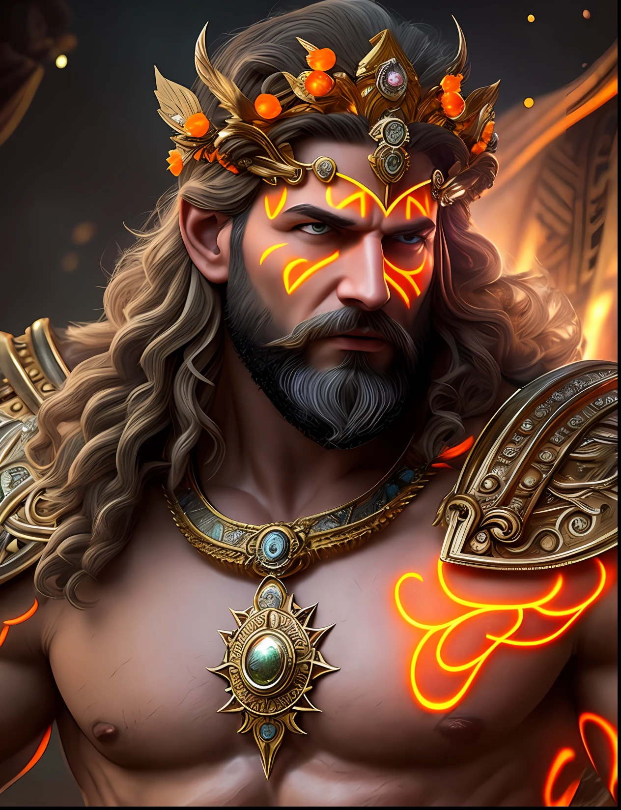 A close up photo of Apollo God of beauty with a crown around his head (glowing orange crown:1.2) (in head:1.2), insanely handsome, fantasy art, perfect image, profile picture 1024px, greek and templar aesthetics, adorned with precious gems, cg artist, ultra detailed portrait, struggling to remain relevant in age-old battles, mysterious (light hairy man:1.2), realistic motion action photo, (((hdr))), hyperdetailed, cinematic, cool lights, intricate details, muscle, perspective view, UHD, 64k, unreal. --auto --s2