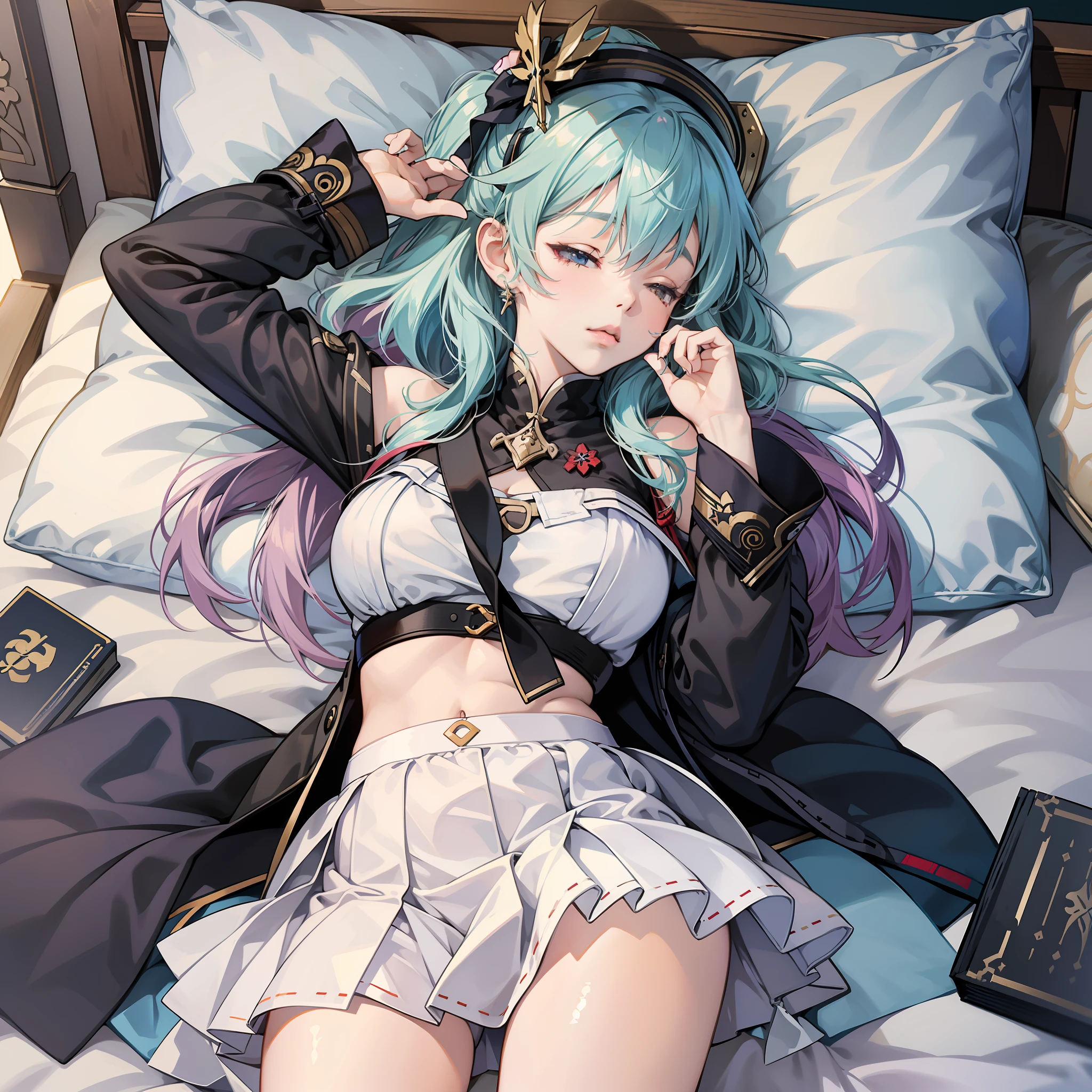 Anime girl lying on bed, head pillow on pillow, eyes closed, white skirt, from Girl Front, Girl Frontline CG, fine details, Girl Front, Girl Front, Girl Front style, Ayaka Genshin Impact, visual novel CG, popular on CGstation