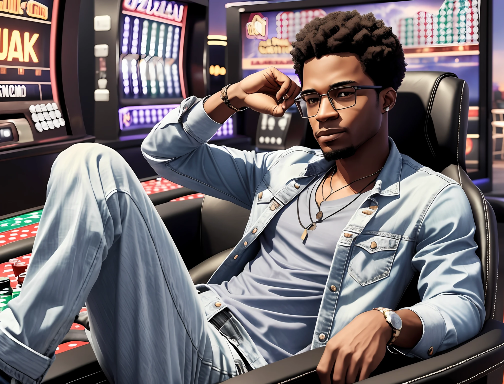 Ultra-realistic image of a young, light-skinned black man with a light complexion, wearing casual clothes and prescription glasses, with a sad expression, looking forward while sitting on a gaming chair in a casino. --auto --s2