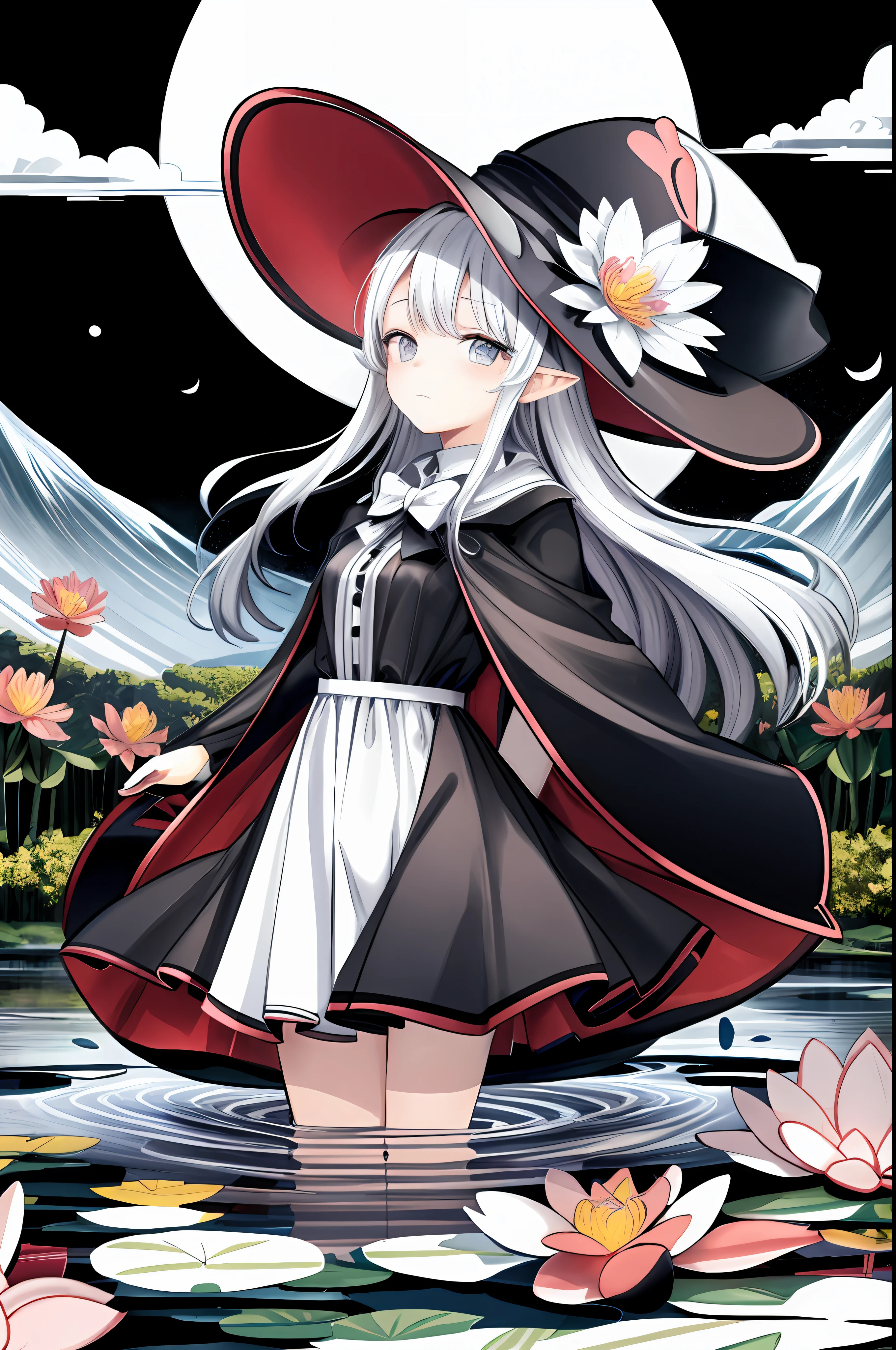 a drawing of a girl in a dress and hat standing in a lake, black and white manga style, beautiful line art, perfect lineart, extremely fine ink lineart, official illustration, clean lineart, black and white manga page, detailed manga style, manga illustration, shoujo manga character design, manga art style, high detailed official artwork, line art illustration