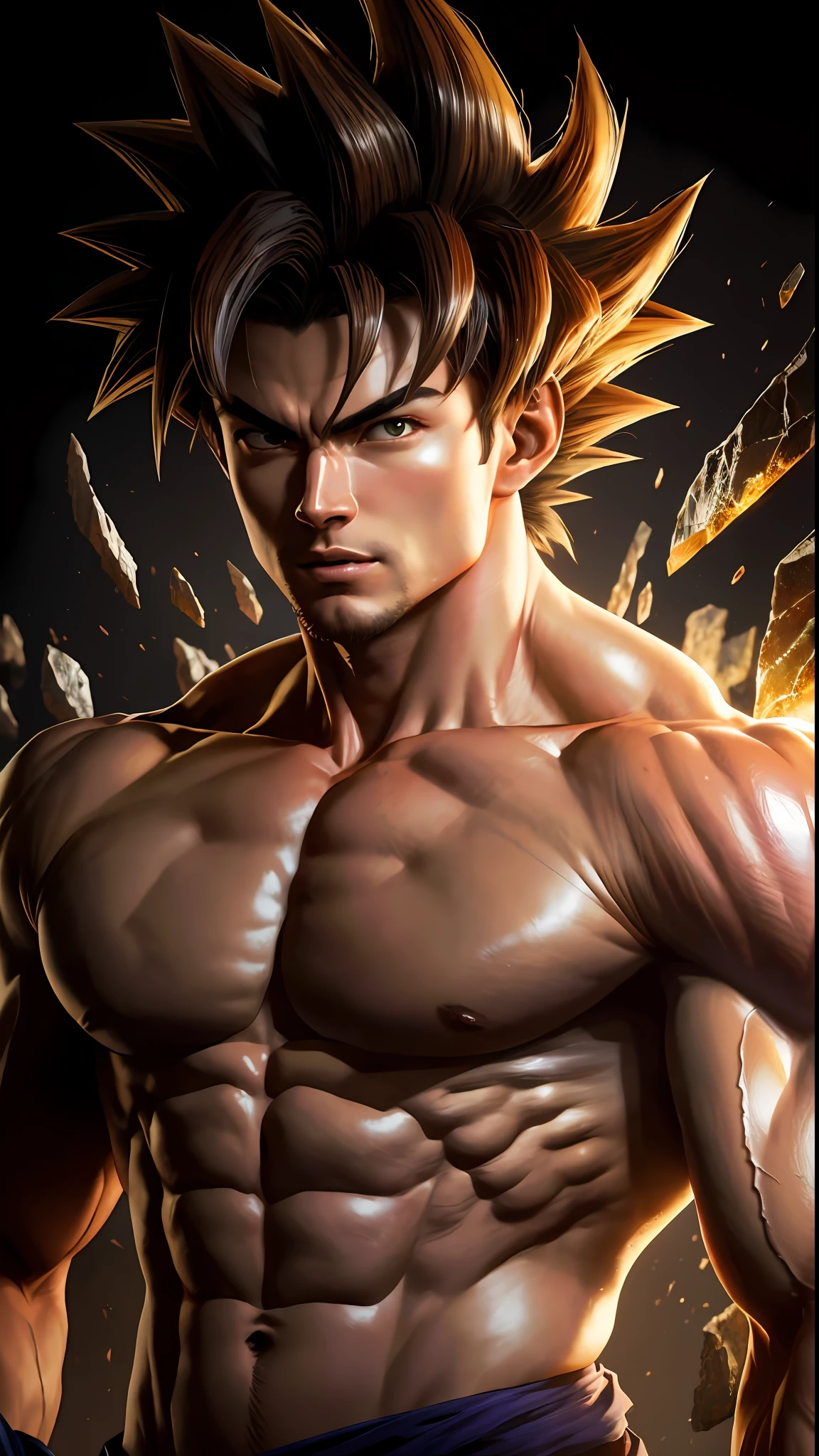 8k portrait of son goku muscular, intricate, elegant, highly detailed, majestic, digital photography, art by artgerm and ruan jia and greg rutkowski, broken glass (masterpiece, side lighting, beautiful finely detailed eyes: 1.2), hdr,