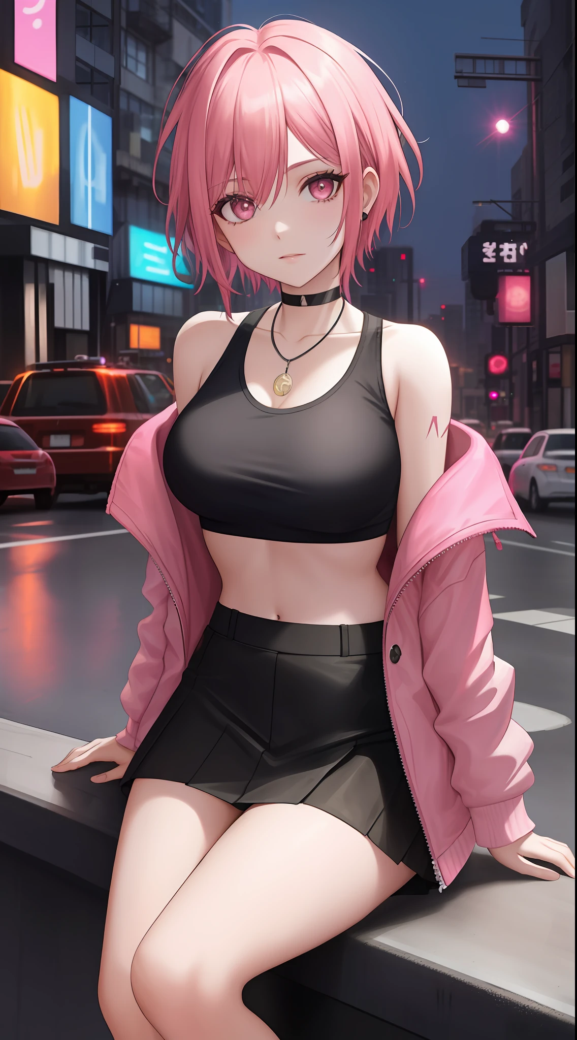 Woman with pink hair and black jacket sitting on city street with traffic light background, art germ, anime art, cyberpunk art, photorealism, 1 girl, bangs, bare shoulders, red eyes, black choker, chest, bridge, brown eyes, building, choker, cityscape, crop top, jewelry, looking at viewer, makeup, midrif, navel, necklace, pink hair, short hair, side tie panties, sitting, mini skirt, skyscraper, solo, tank top