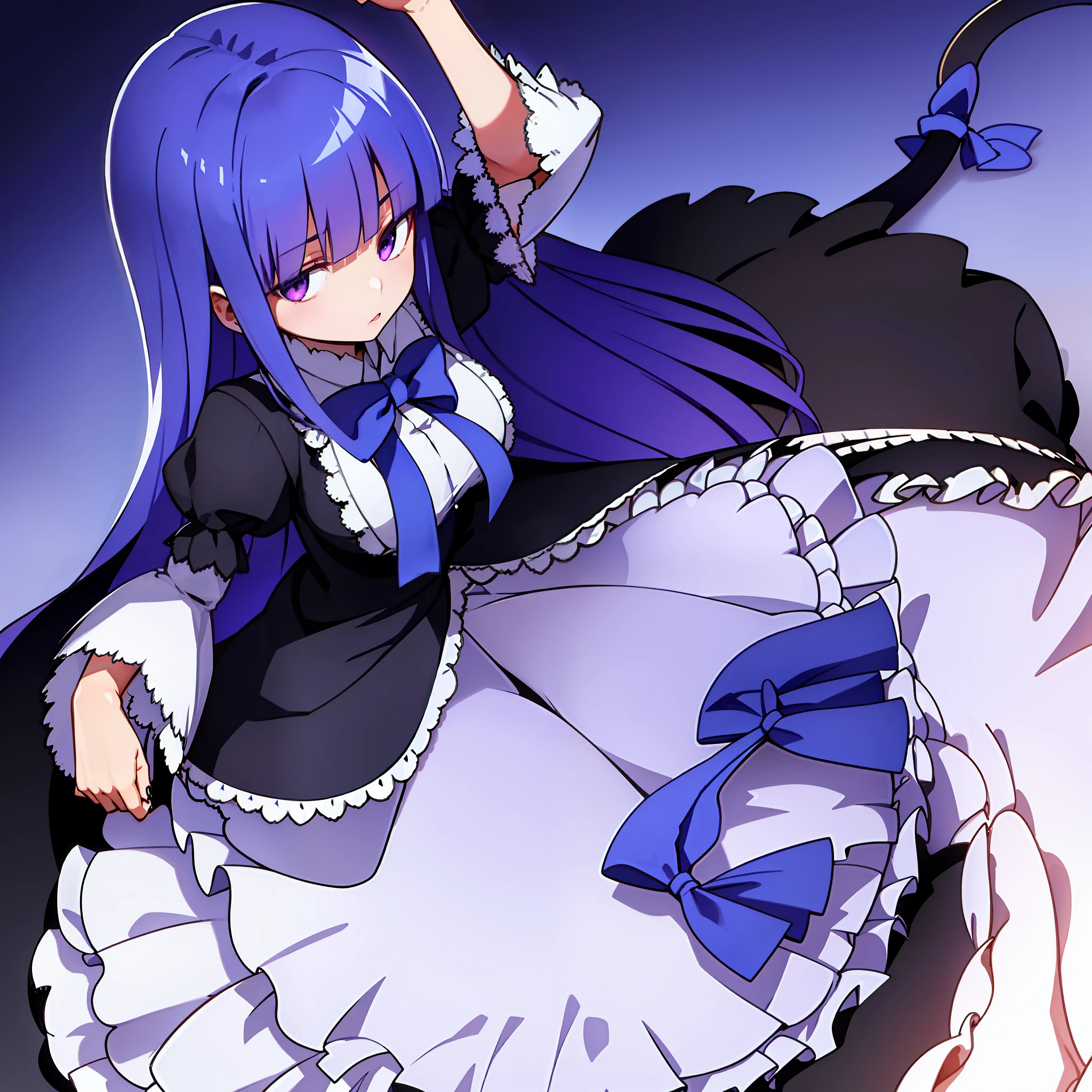 1girl, frederica bernkastel, bangs, blue bow, blue hair, blunt bangs, bow, breast hold, cat tail, dress, long hair, long sleeves, purple eyes, large crystals in background, solo, tail bow, tail ornament, tail raised, tail ribbon, expressionless, empty eyes, anime style