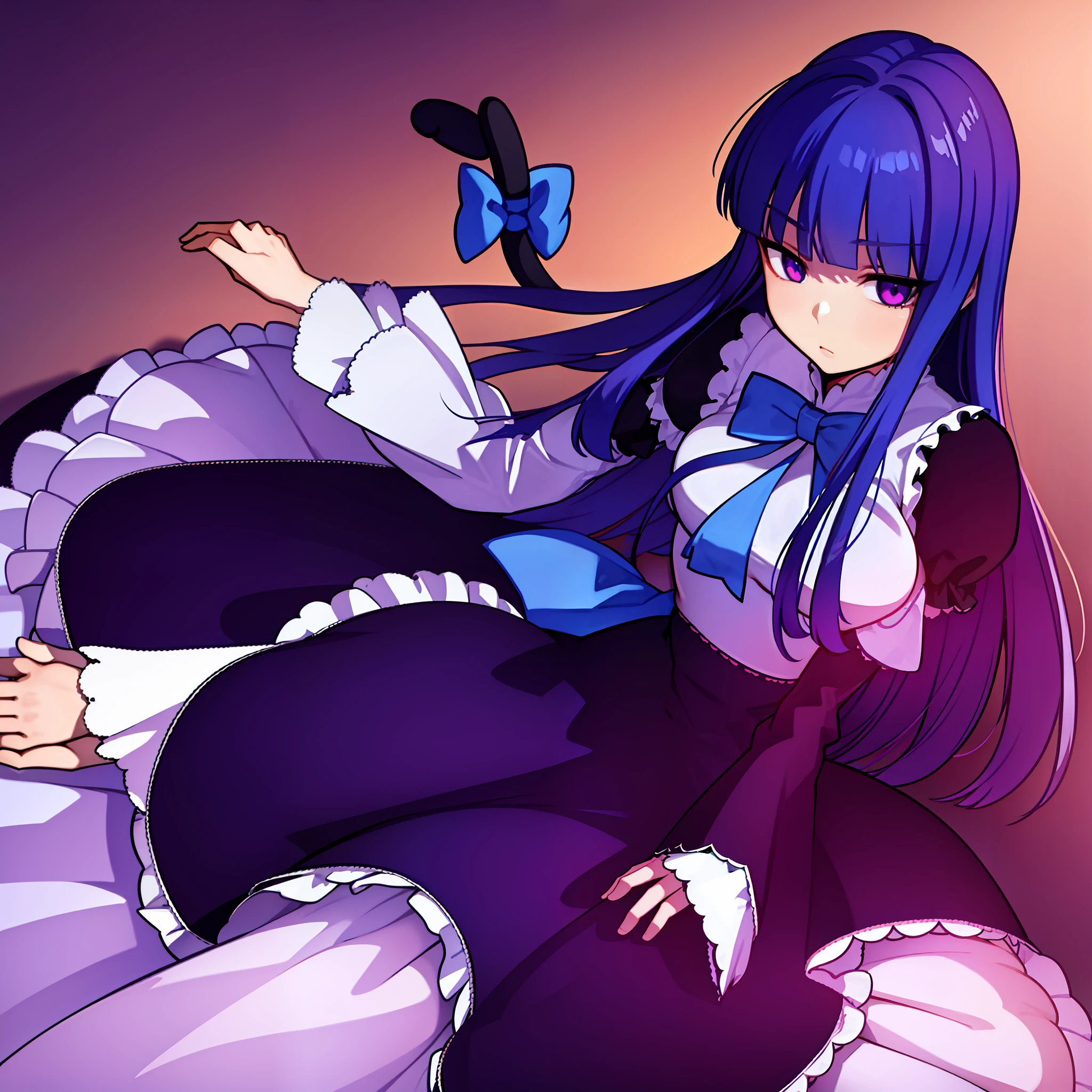 1girl, frederica bernkastel, bangs, blue bow, blue hair, blunt bangs, bow, breast hold, cat tail, dress, long hair, long sleeves, purple eyes, large crystals in background, solo, tail bow, tail ornament, tail raised, tail ribbon, expressionless, empty eyes, anime style