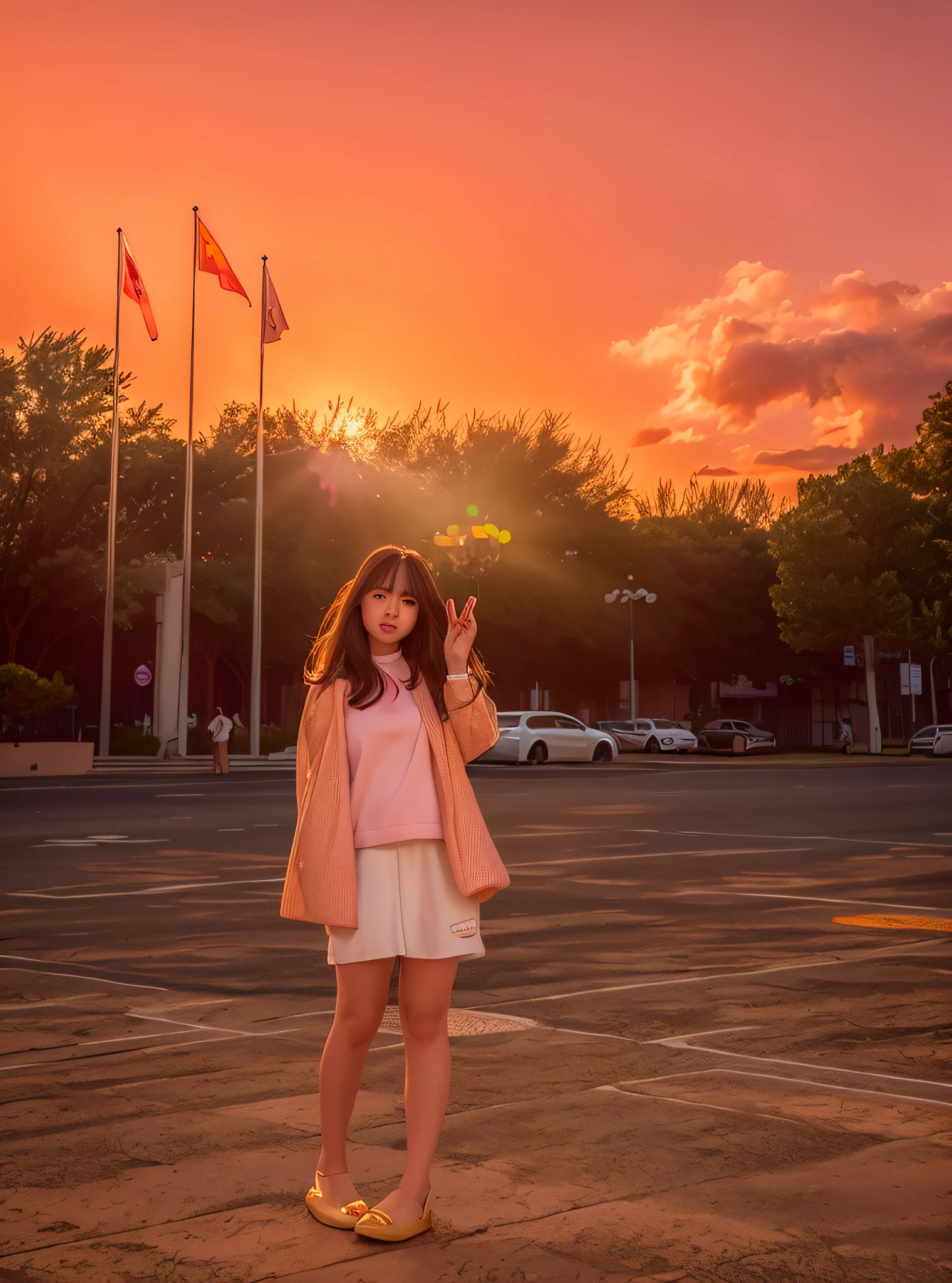 arafed woman in a white dress and pink jacket standing in a parking lot, with sunset, at a beautiful sunset, with a sunset, golden hour in beijing, at the sunset, in the sunset, at golden hour, during sunset, sunset!!!, sunset in background, during a sunset, at sunset, sunset in the background, at sunrise