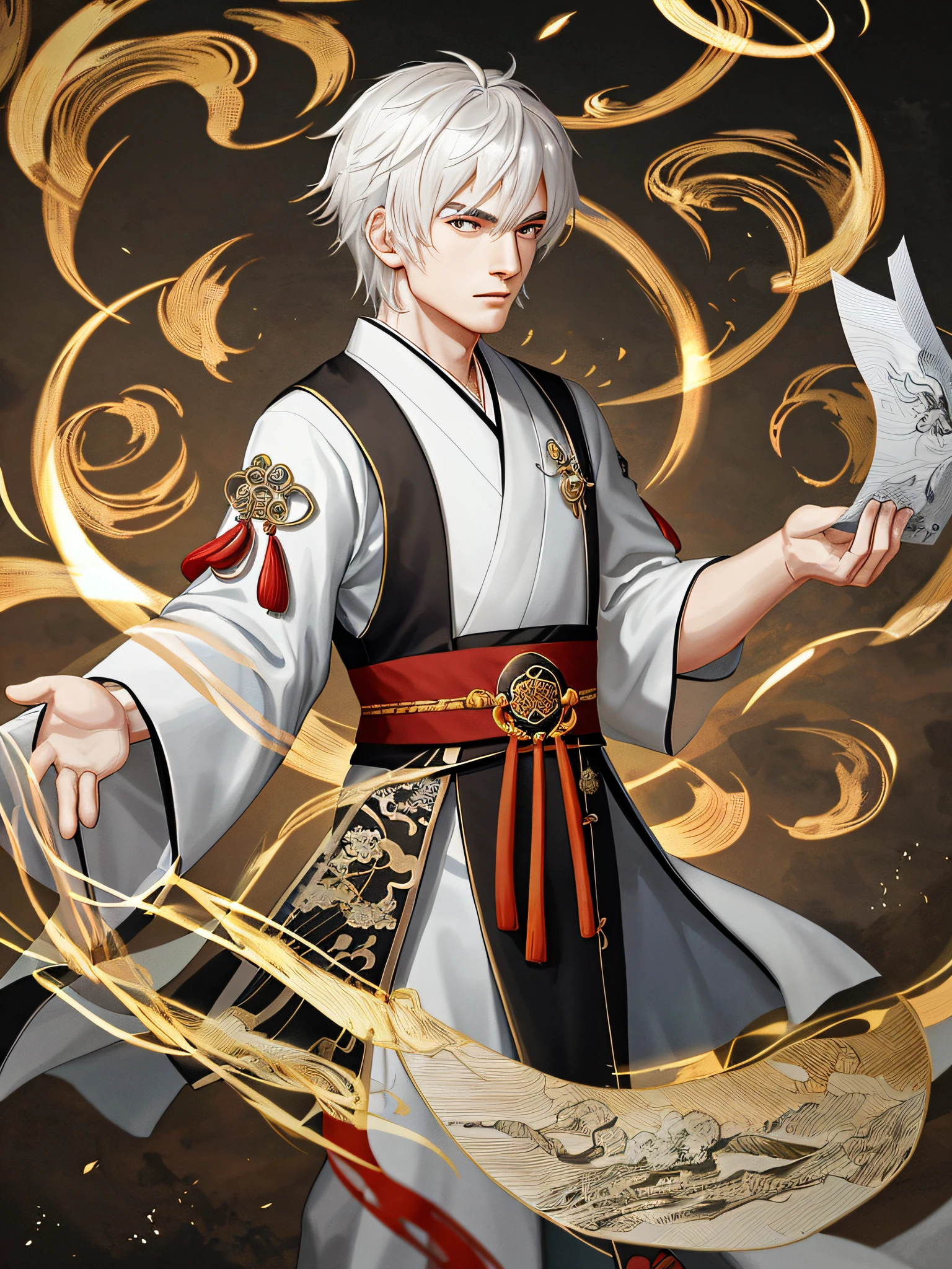 Chinese painting style, high-quality detail depiction, high resolution CG, male characters, white robes, hand-held talisman paper, traditional inheritance, lightning special effects.