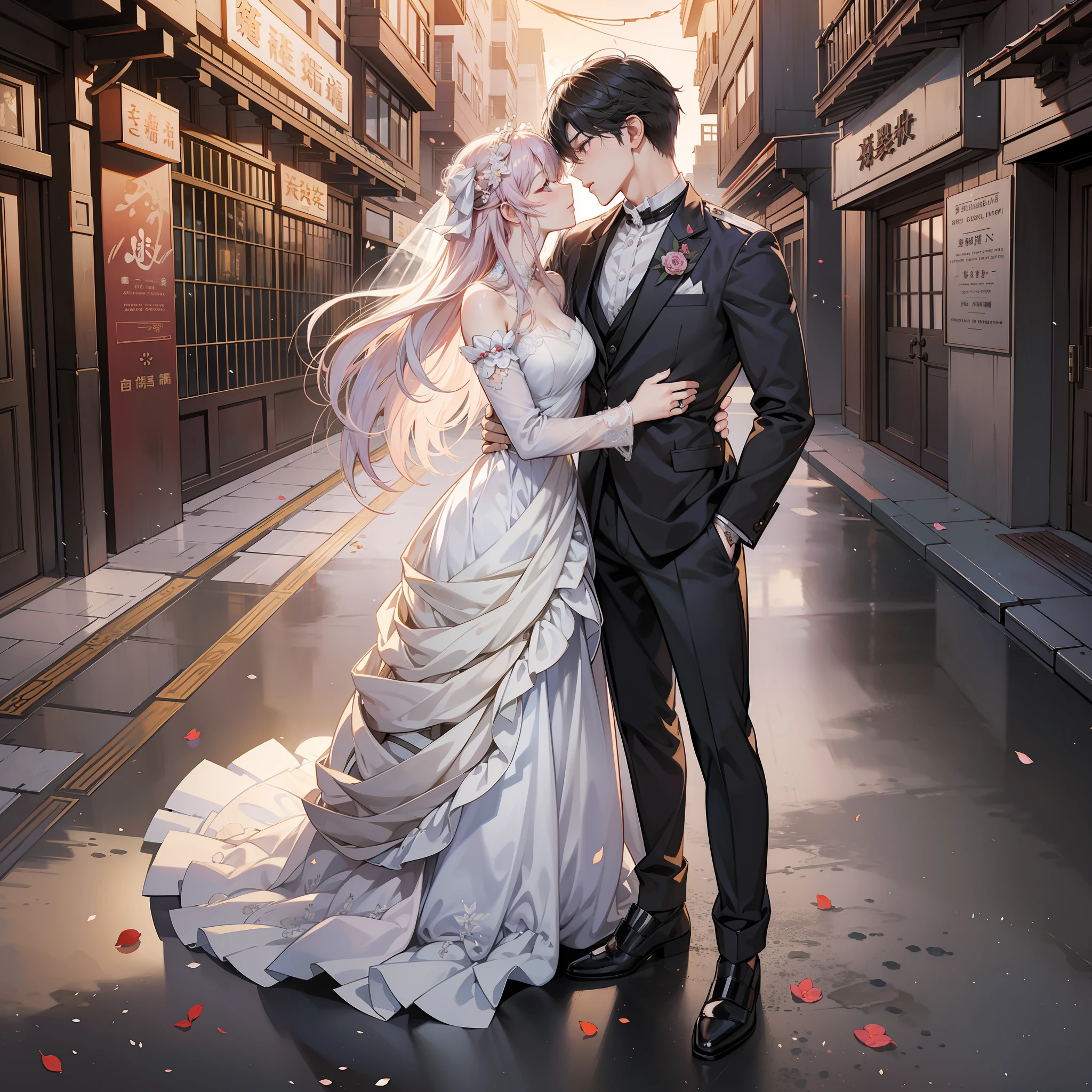 anime image of a man and woman in a wedding dress, guweiz, visual novel cg, shoujo romance, artwork in the style of guweiz, from girls frontline, kissing together cutely, 千 葉 雄 大, trending on cgstation, sakimichan and frank franzzeta, smooth anime cg art
