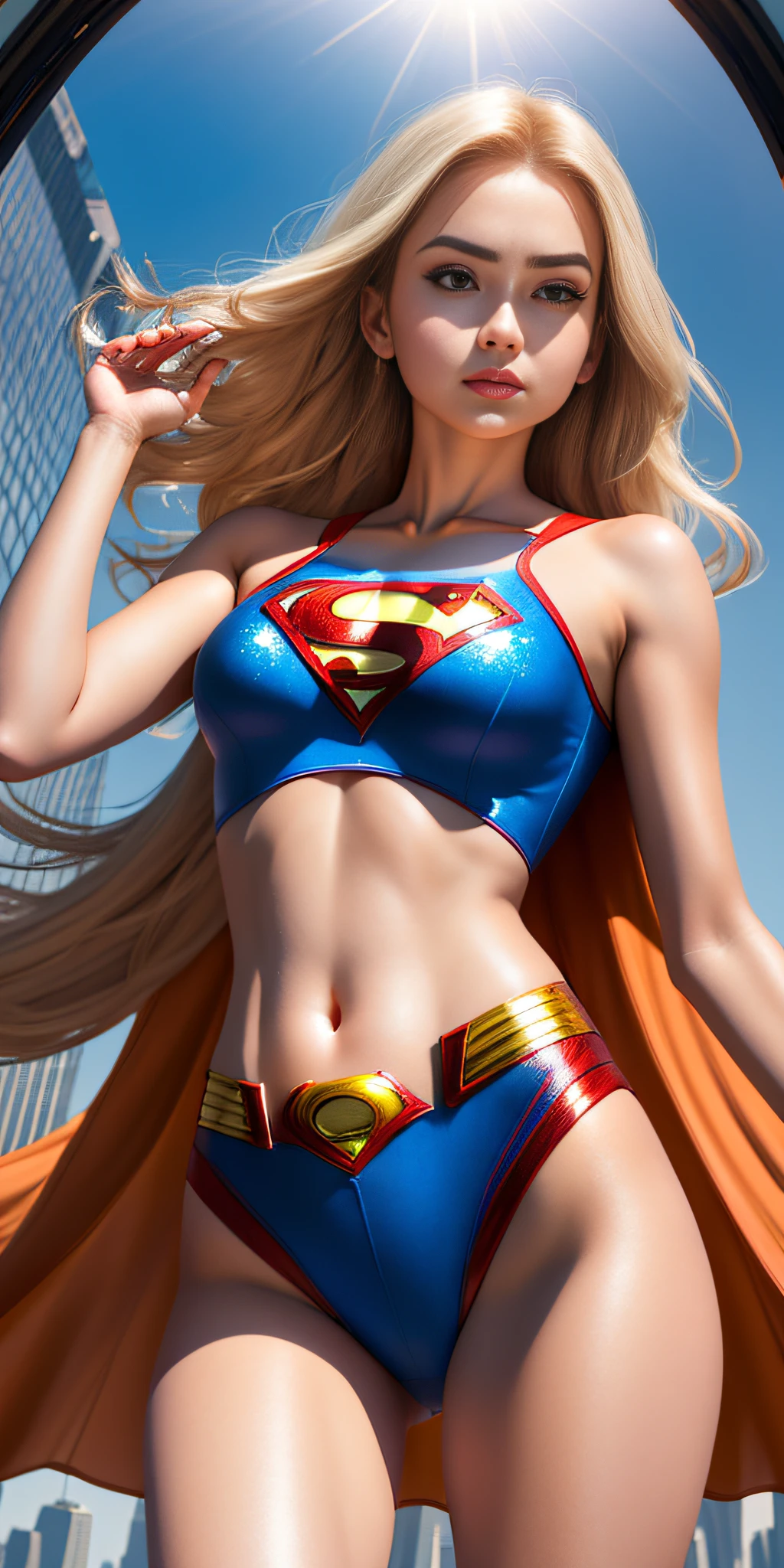 Anime style, (Superman girl), insanely beautiful Alina Gorohowa portrait photo, 21 years old, full body, angle from below, body curve, navel, mini skirt, smooth creamy skin, beautiful chestnut eyes, beautiful face details, ((Manhattan background))), low angle medium shot, greedy and attractive, Gorgeous and vivid emotions with a surprisingly euphoric feeling, peach fluff, symmetrical circular iris, natural glitter makeup, detailed moisture, detailed droplets, detailed complex hair, DSLR, reflected in ray trace, Pino Deni, Bud Melman by Larry, symmetrical face and body, CGsociety, Gottfried Helnwein and Irakli Nadal, eye reflection, focus, Unreal Engine 5, VFX, Film Photography, Extreme Detail, Ultra HD, Post-Processing, Post-Production, Single Face, Tambil Tamim, Ultra-Realistic Photography, Shot with Hasselblad X1D-50c, ISO 100