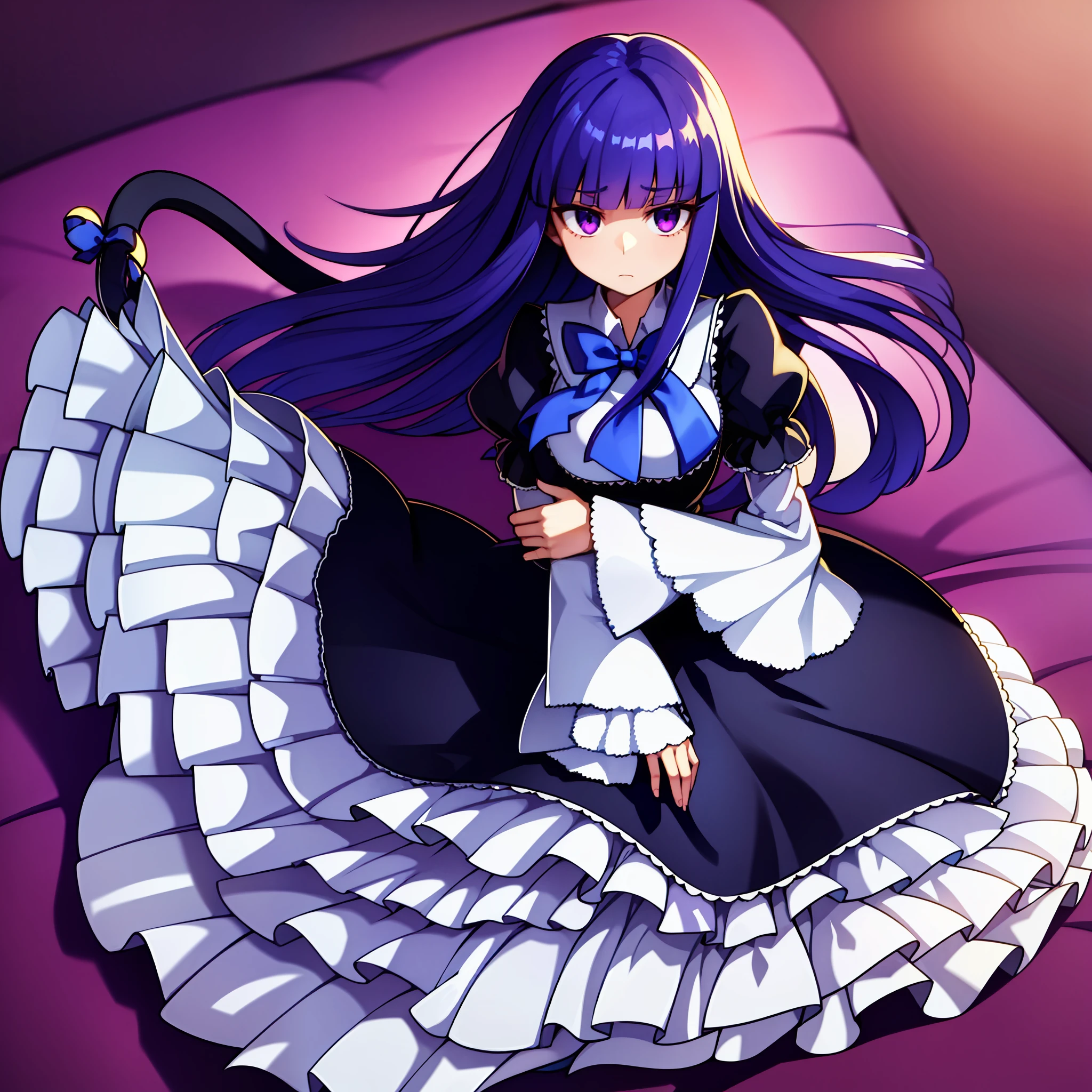 1girl, frederica bernkastel, bangs, blue bow, blue hair, blunt bangs, bow, breast hold, cat tail, dress, long hair, long sleeves, purple eyes, large crystals in background, solo, tail bow, tail ornament, tail raised, tail ribbon, expressionless, empty eyes, anime style, multiverse