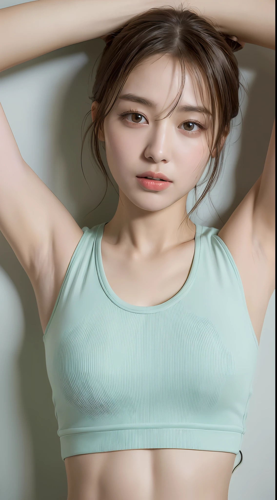 ((Best quality, 8k, Masterpiece :1.3)), 1girl, Pretty woman with emphasizing slender abs :1.3, (random hairstyles :1.2), Oversized tank top :1.2, Ultra-detailed face, Detailed eyes, Double eyelid, armpit
