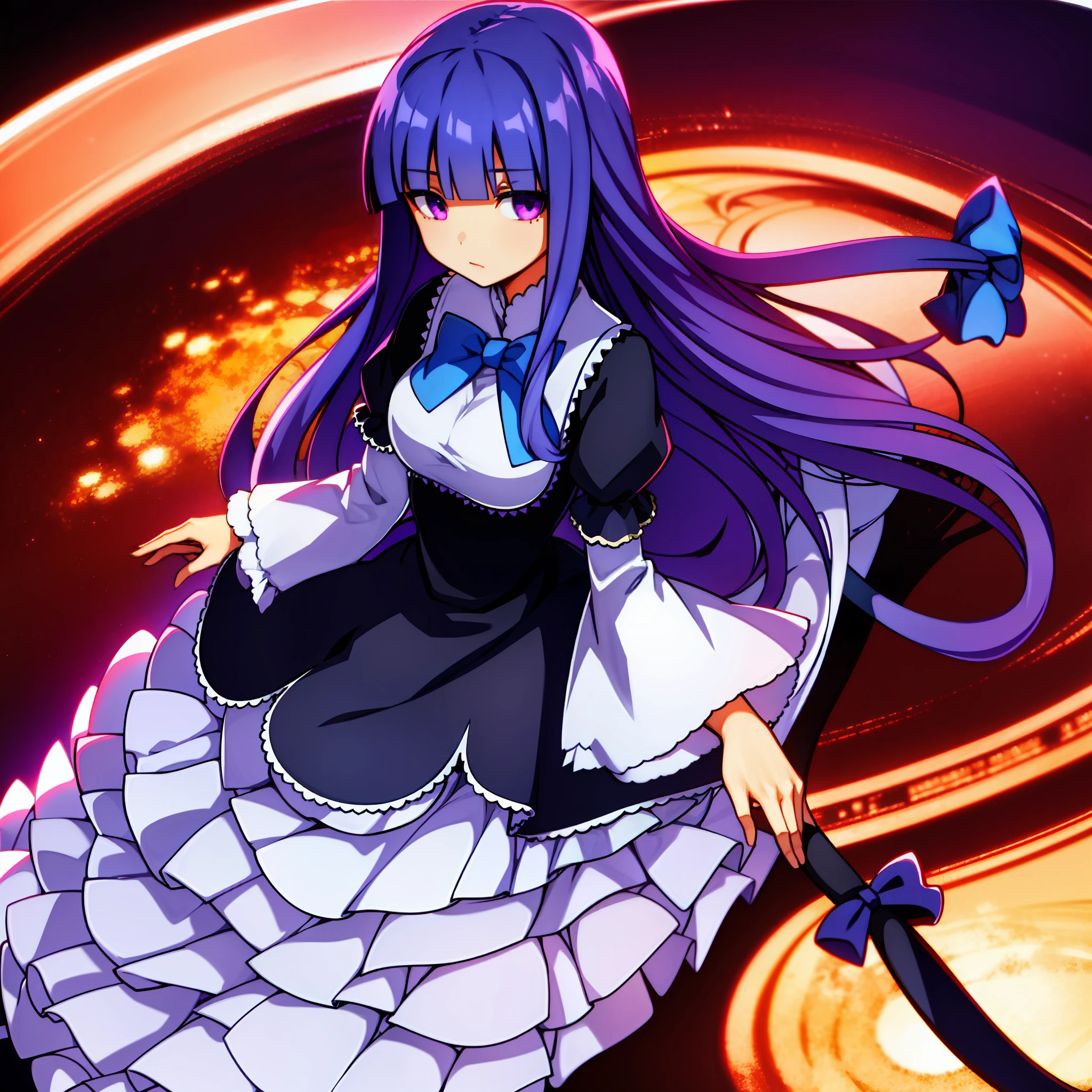 1girl, frederica bernkastel, bangs, blue bow, blue hair, blunt bangs, bow, breast hold, cat tail, dress, long hair, long sleeves, purple eyes, large crystals in background, solo, tail bow, tail ornament, tail raised, tail ribbon, expressionless, empty eyes, anime style, multiverse, icon