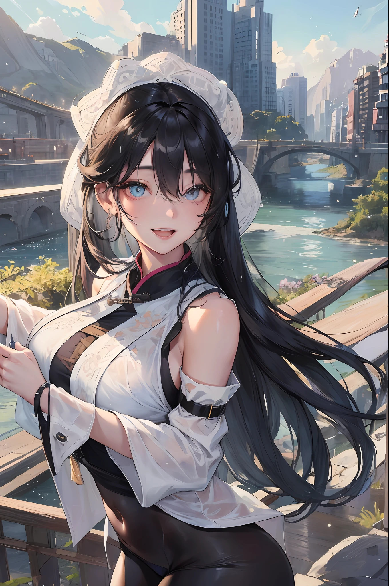 Official Art, Masterpiece, Sharp Focus, (Beautiful Gorgeous Cute Chinese Woman: 1.3), (Beautiful and Cute Chinese: 1.3), Chinese Beauty, Delicately Beautiful Hair and Eyes and Face Reaching the Ground, Realistic, Ultra-detailed, Beautiful Girl, Raining Lightly, Wet Clothes, Glowing White Particles, (Sidelighting: 1.2), Sunlight, White Clouds, Detailed Clouds, Slender, Cute Big Breasts and Big Buttocks, Toothy Smile ((Laughing with Eyes Open)), Landscape, Long Straight Hair, Sexy facial expressions, mountains and rivers on background, damp clothing clinging to body curves, (cityscape:1.7), dynamic hair, long straight hair, fine black hair, glowing heterochromic pupils, (upper body tight vest, thong pants), black stockings, healthy skin, hair accessories, epic landscapes, collars and hair accessories, especially long hair