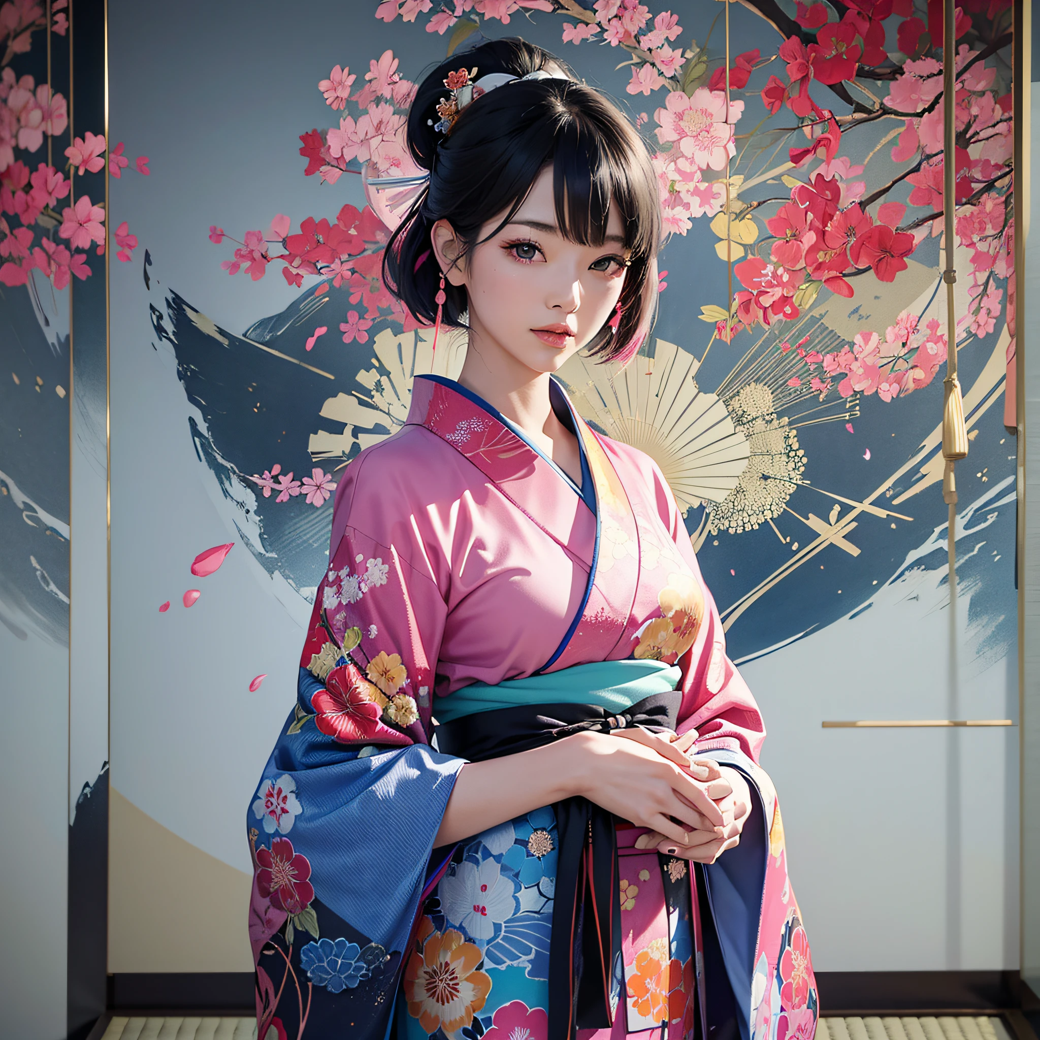 Japan style, colorful kimono, one woman, very beautiful, twenties, upper body, vivid kimono, elegant, brutalist design, 8k, dynamic wallpaper, very delicate, very dense, most beautiful shape, vivid color --auto --s2