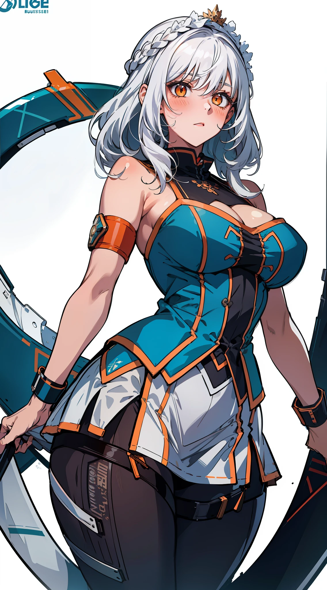 (masterpiece:1.2), absurdres, 1girl, oversized breast, blushing, orange eyes, white hair, front view, (white background:1.2)