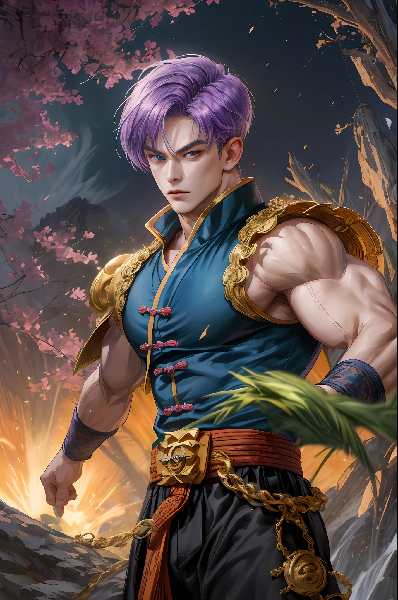 purple hair, trunks, dragon ball,(Absurdres, Intricate Details, Masterpiece, Best Quality, High Resolution, 8k), 1 male, handsome, beautiful, handsome, high muscular face, broad shoulders, chanel hair, blue eyes, finely detailed eyes and detailed face, looking at the viewer, solo, (swirl-style:0.7), (full body:0.6), (Chinese fantasy theme:1.1), hair flowing in the wind, martial artist, dynamic pose, fighting posture, clenched fist, fingerless gloves, wrist wraps, dragon-themed outfits, monk robes, bamboo forest in the background, spinning floating particles, dynamic composition, mystical eastern medieval atmosphere, depth of field, visual effects.