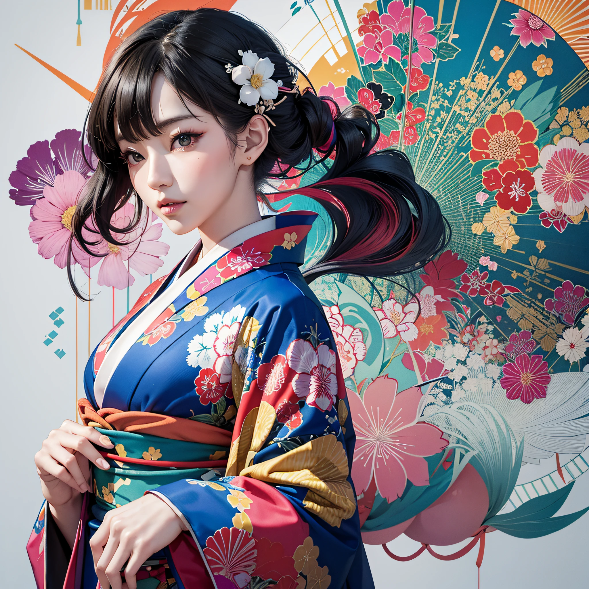 Japan style, colorful kimono, one woman, very beautiful, twenties, upper body, vivid kimono, elegant, brutalist design, 8k, dynamic wallpaper, very delicate, very dense, most beautiful shape, vivid color --auto --s2