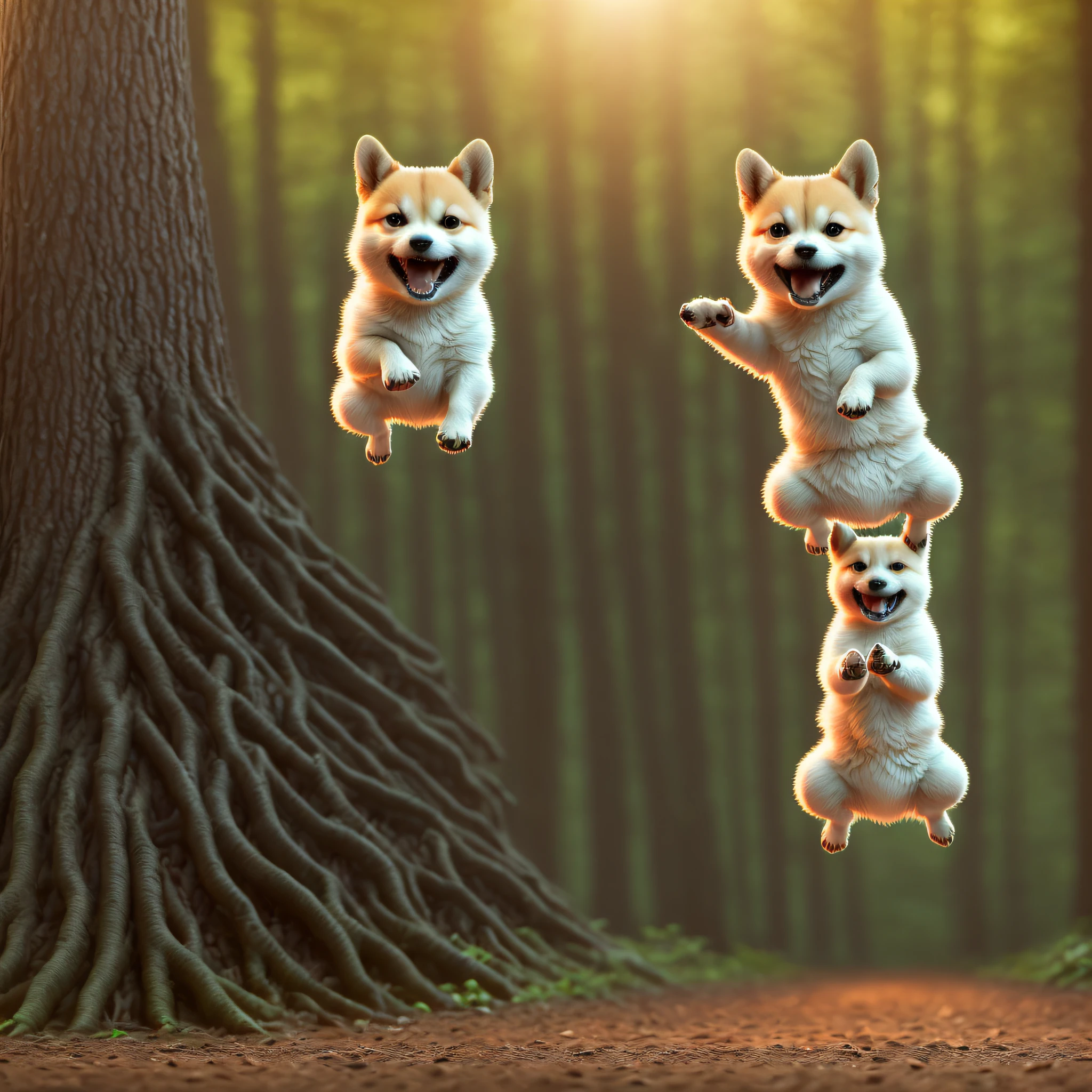 Close-up photo of a very cute jumping puppy in the forest, soft volume lights, (backlight: 1.3), (cinematic: 1.2), intricate detail, (art station: 1.3), Shiba Inu,