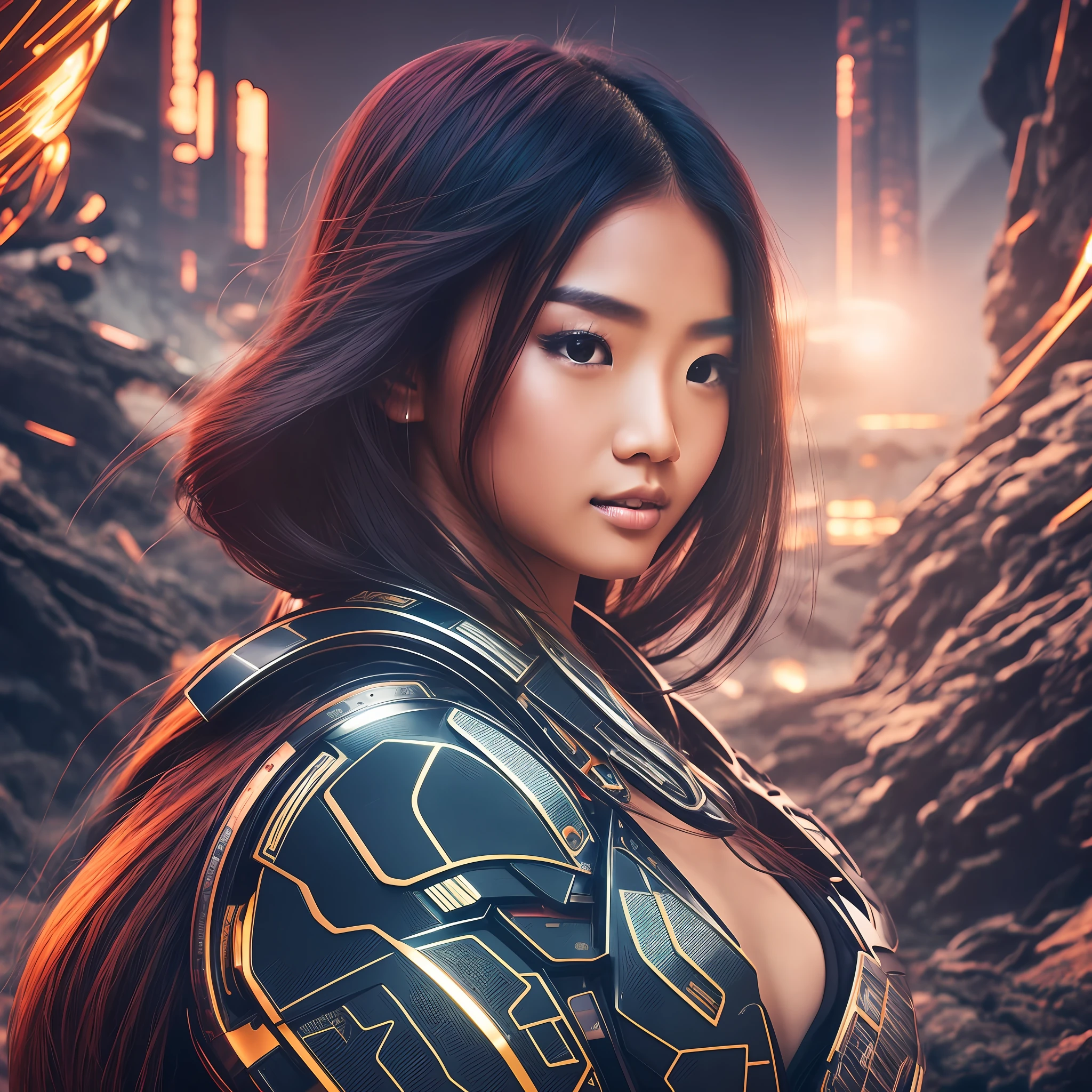 Beautiful asian girl in a futuristic landscape 8k, uhd, severe low lighting, high quality, sharp focus, fujifilm XT3 --auto --s2