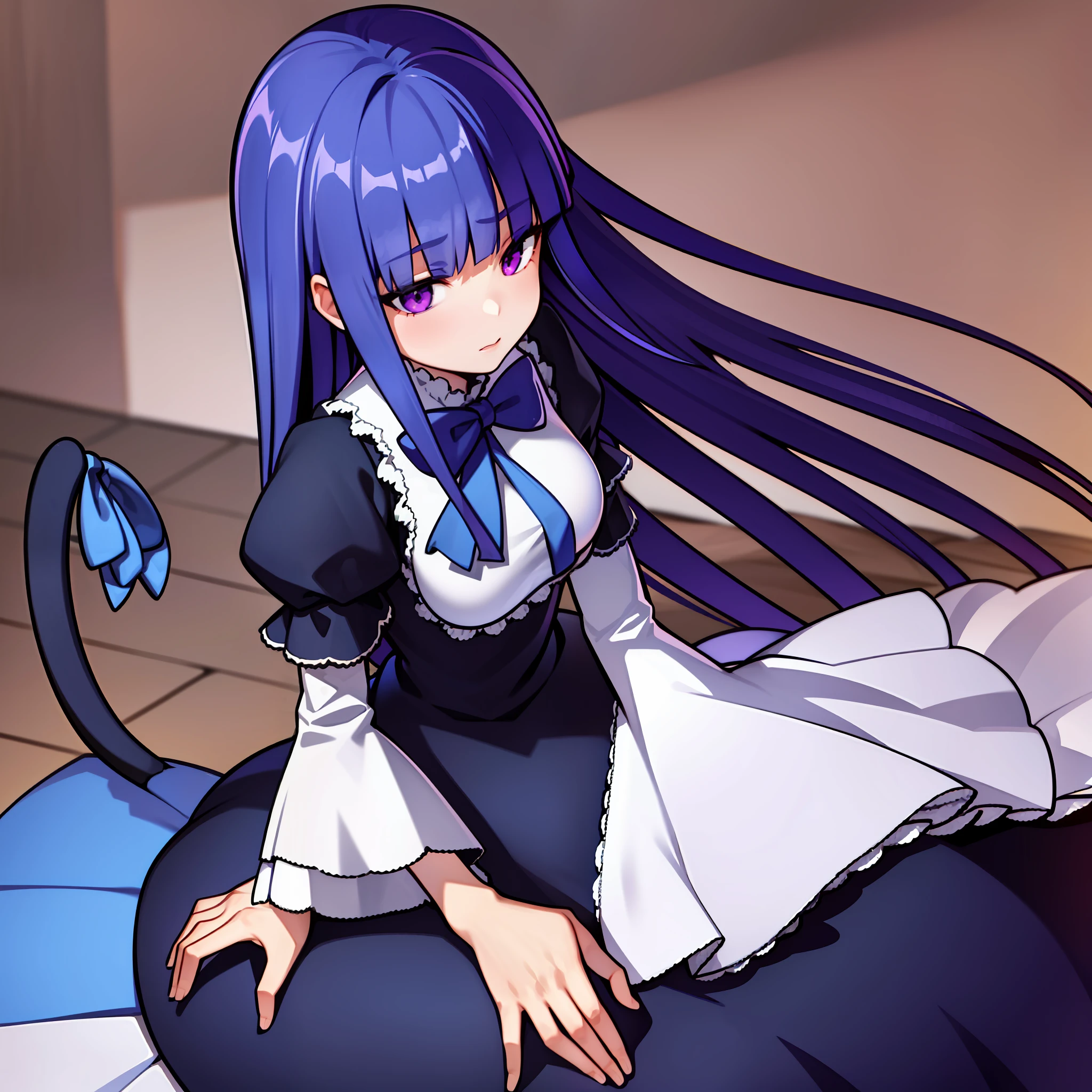 1girl, frederica bernkastel, bangs, blue bow, blue hair, blunt bangs, bow, breast hold, cat tail, dress, long hair, long sleeves, purple eyes, large crystals in background, solo, tail bow, tail ornament, tail raised, tail ribbon, expressionless, empty eyes, anime style, portrait