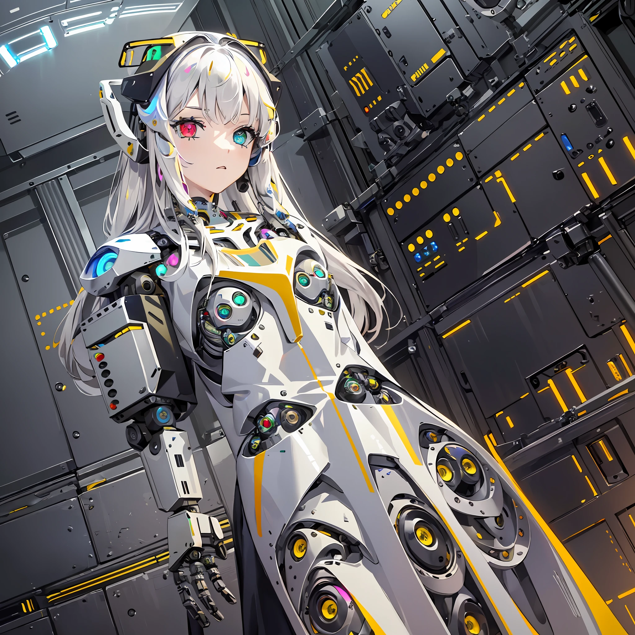 (masterpiece:1.4), (artwork:1.2), (abstract colors:1.2), (mechanical arms:1.1), (heterochromia+multicolored:1.33), (1girl:1:1), (long white hair with bangs), (portrait:1:1), (best desinger), (wearing robotic+technological+futuristic robes:1:2), (extremely drawn eyes:1.3), (well-made iris+painted+perfection:0.8)0.7], (extremely detailed CG 8k unit wallpaper0.6), (machine shop scenario:1:1)