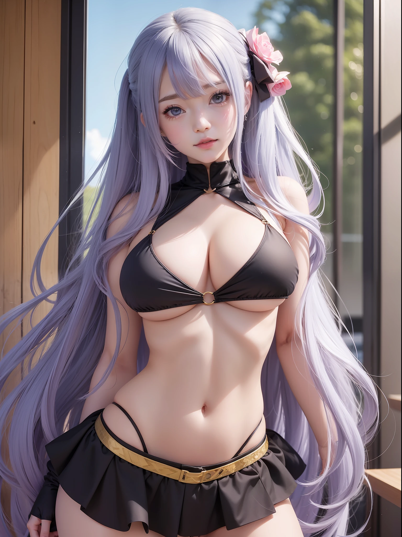 anime girl with absolutely long hair, a bikini, anime moe artstyle, cute anime girl, cute anime girl portrait, pretty anime girl, portrait of cute anime girl, kawaii realistic portrait, anime visual of a cute girl, cute anime girl portraits, portrait anime girl, anime style portrait, marin kitagawa fanart, (anime girl), beautiful anime girl, full body, smile, (huge :1.2), navel, thin waist, big hip, Thighs