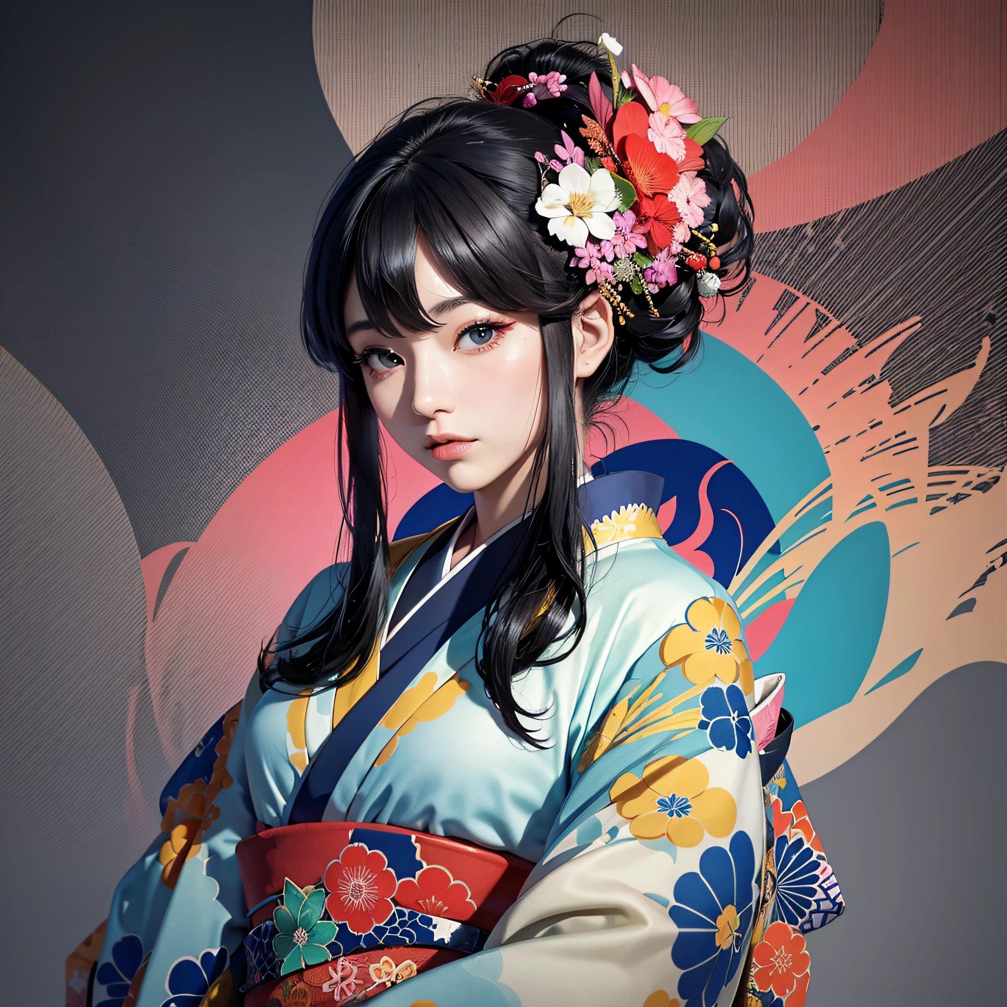 Japan style, colorful kimono, one woman, very beautiful, twenties, upper body, vivid kimono, elegant, brutalist design, 8k, dynamic wallpaper, very delicate, very dense, most beautiful shape, vivid color --auto --s2